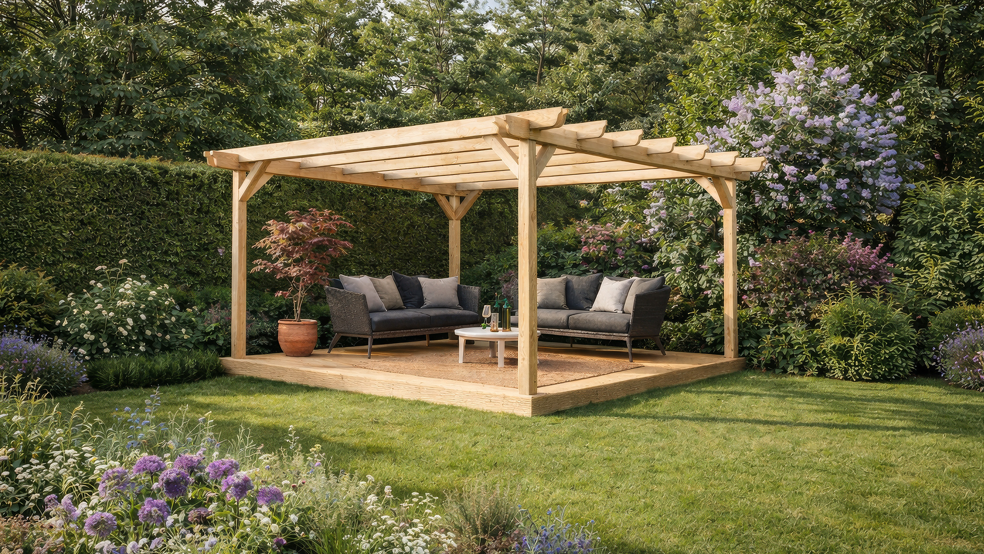 Freestanding Double Garden Pergolas with Decking