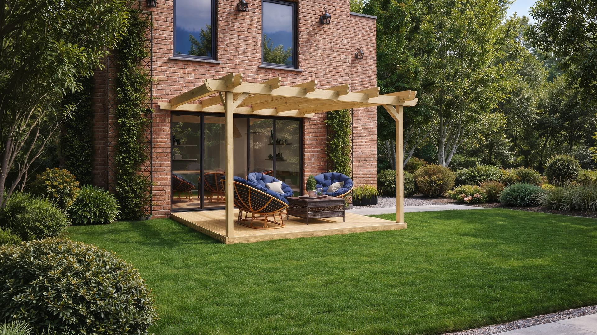 Wall Mounted Double Garden Pergolas with Decking
