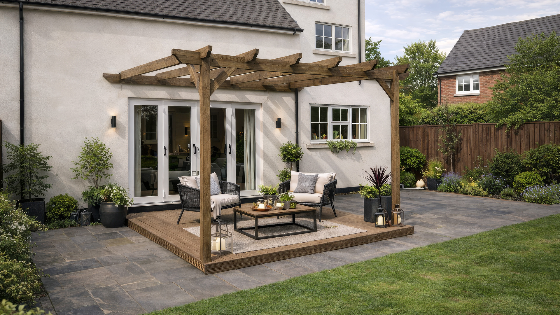 Wall Mounted Garden Pergolas with Decking