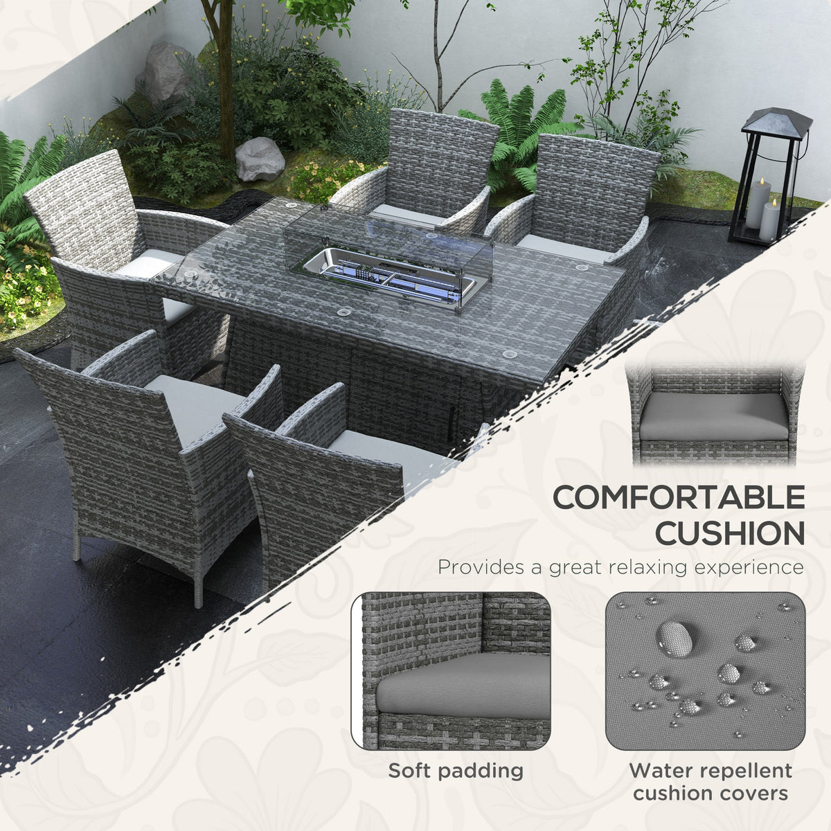 7 Pieces Outdoor Rattan Furniture with Fire Pit Table, 6 Seater Garden Table and Chairs with Cushions, with Propane Heater Table, Windscreen, 50,000 BTU, Grey