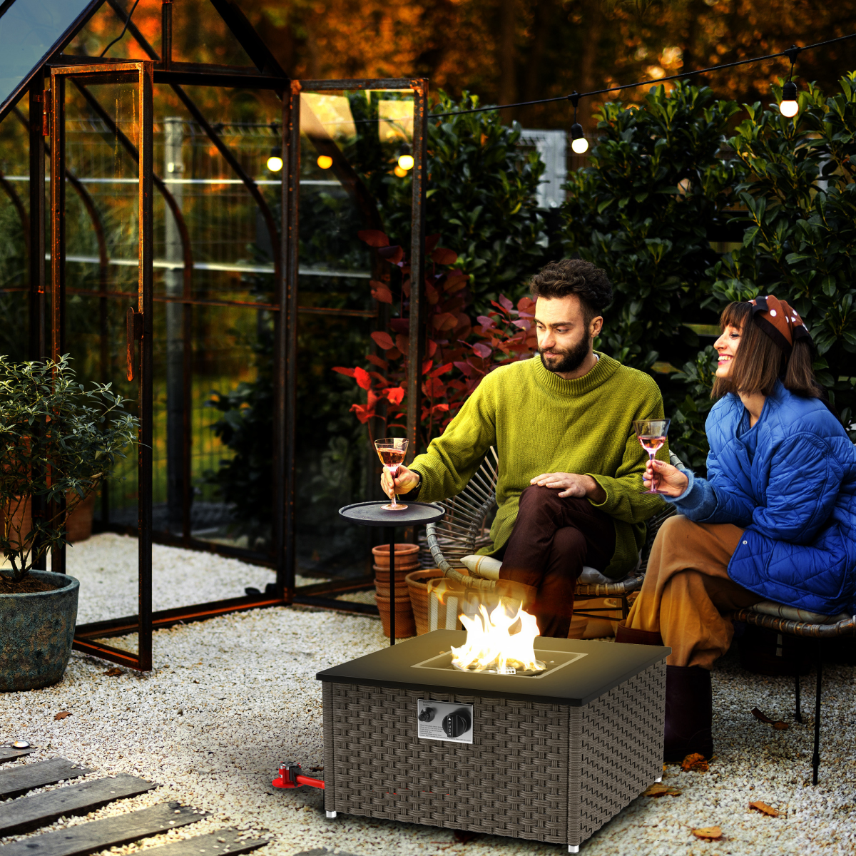 Outsunny 13 KW Rattan Gas Fire Pit Table, Propane Fire Pit for Garden, Grey