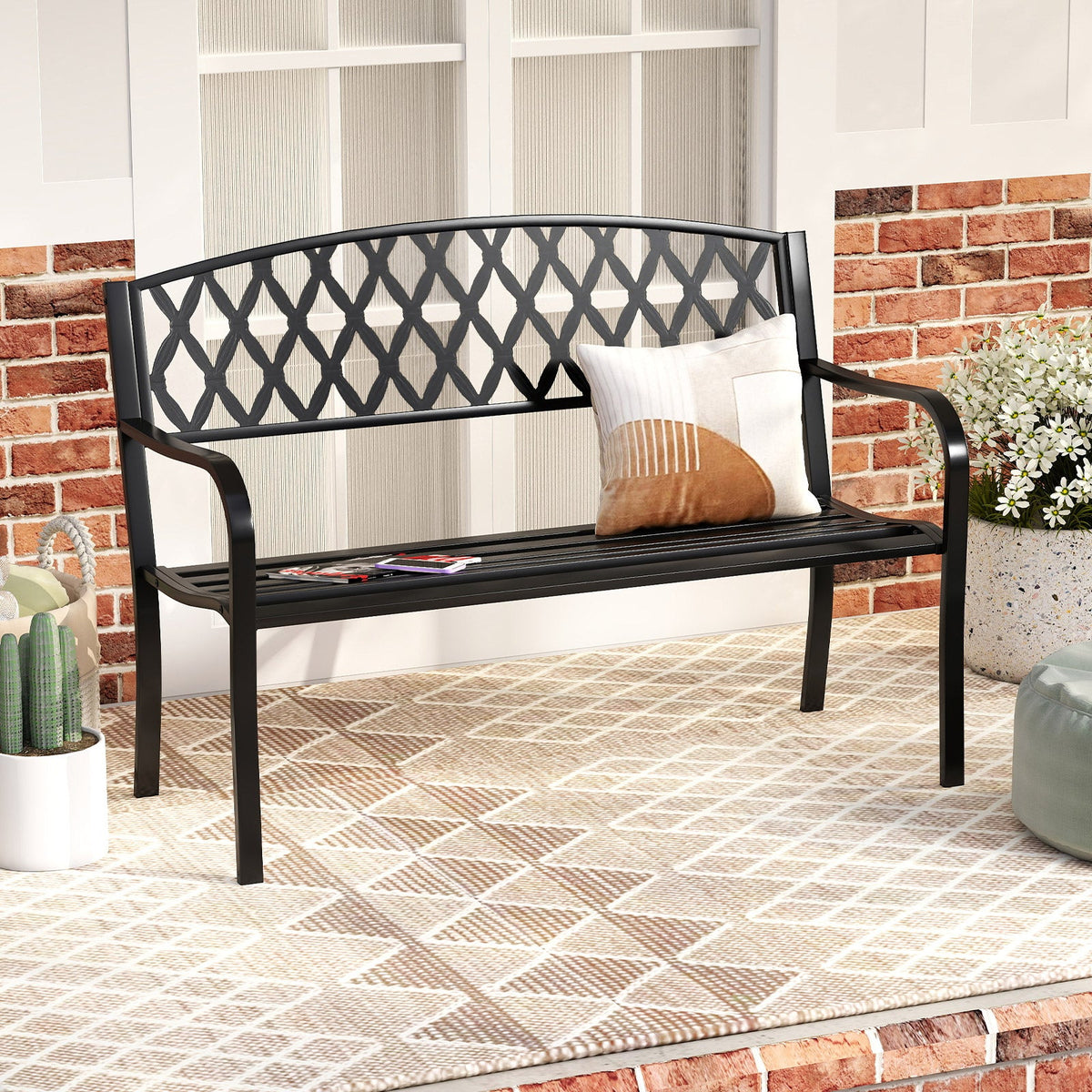 2-Seater Heavy-Duty Metal Garden Bench with Curved Seat and Armrests-Black