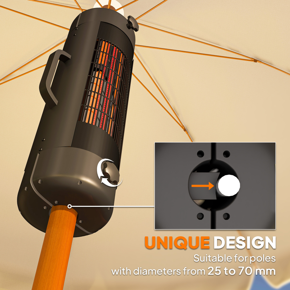 Electric Parasol Mounted Patio Heater, Outdoor Heater w/ 2 Setting