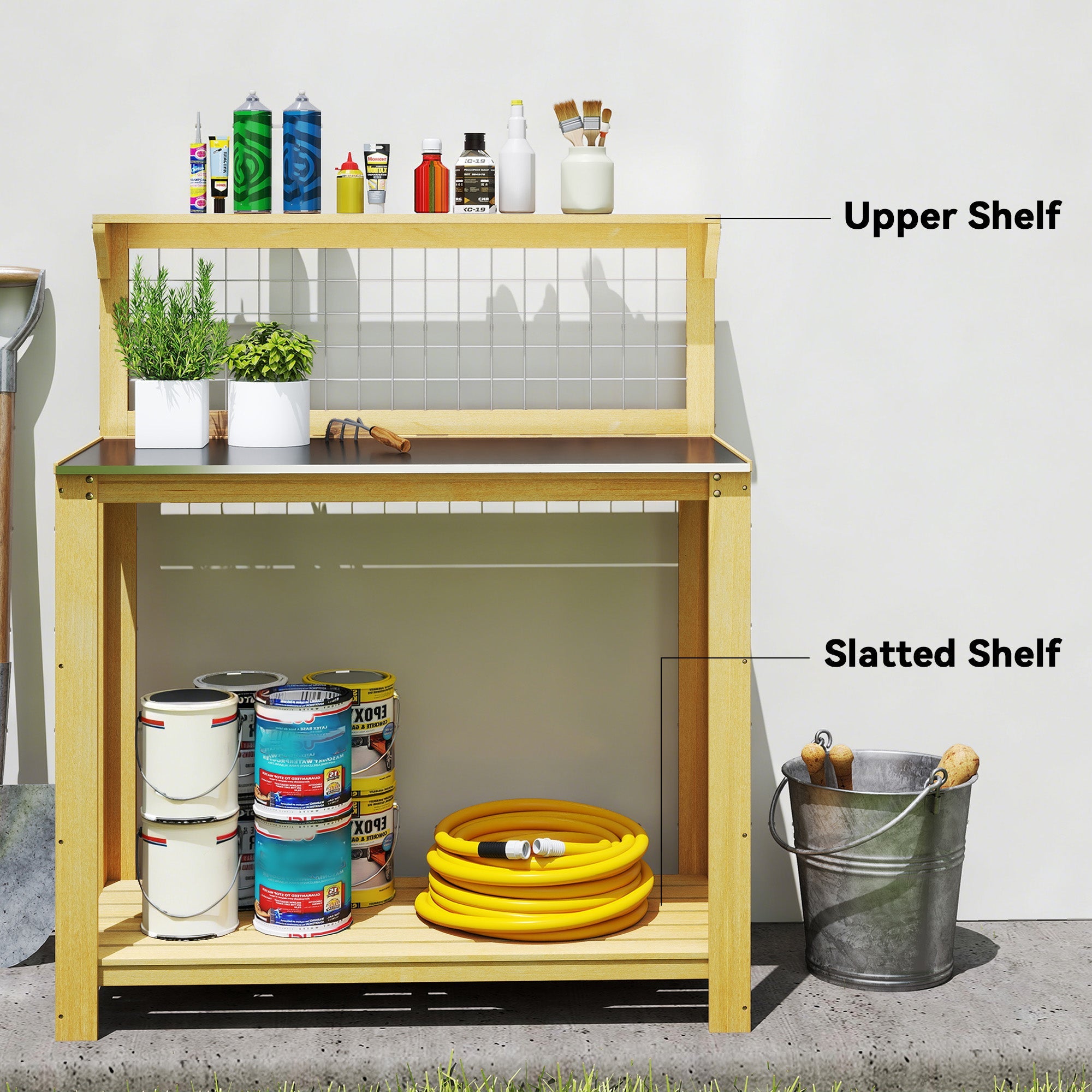 Outsunny Outdoor Wooden Workbench Potting Bench - Aluminium Worktop