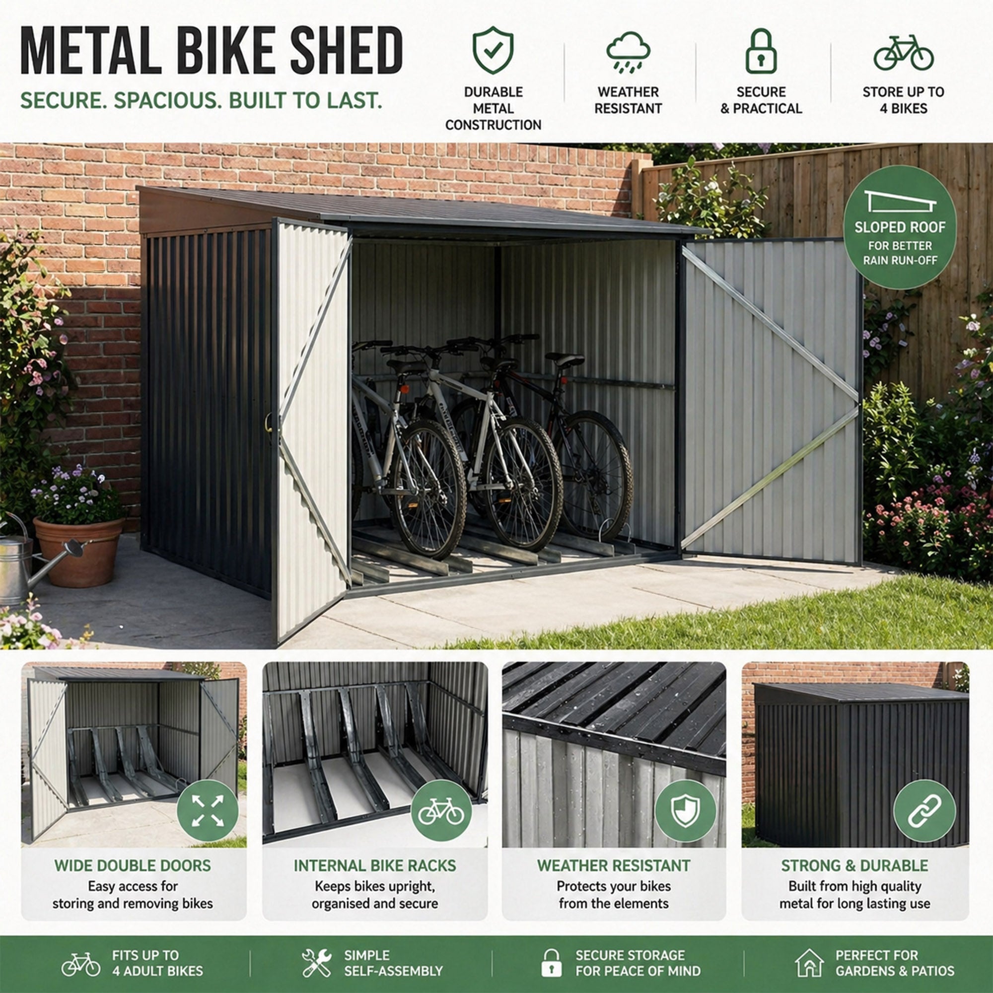 Metal Bicycle Storage Shed for Up to 4 Bikes