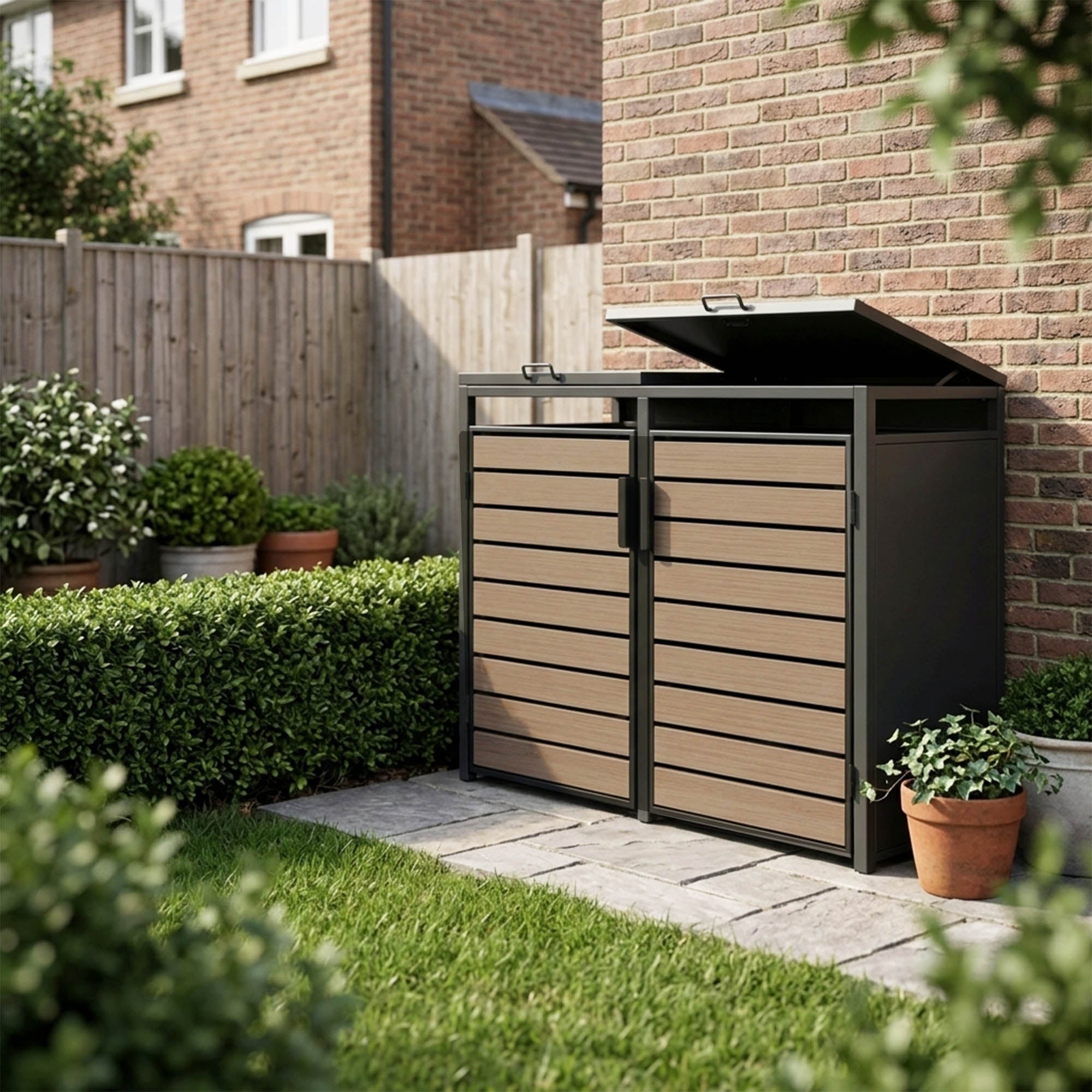 Outdoor Metal Garbage Bin Shed with Wood Effect Doors
