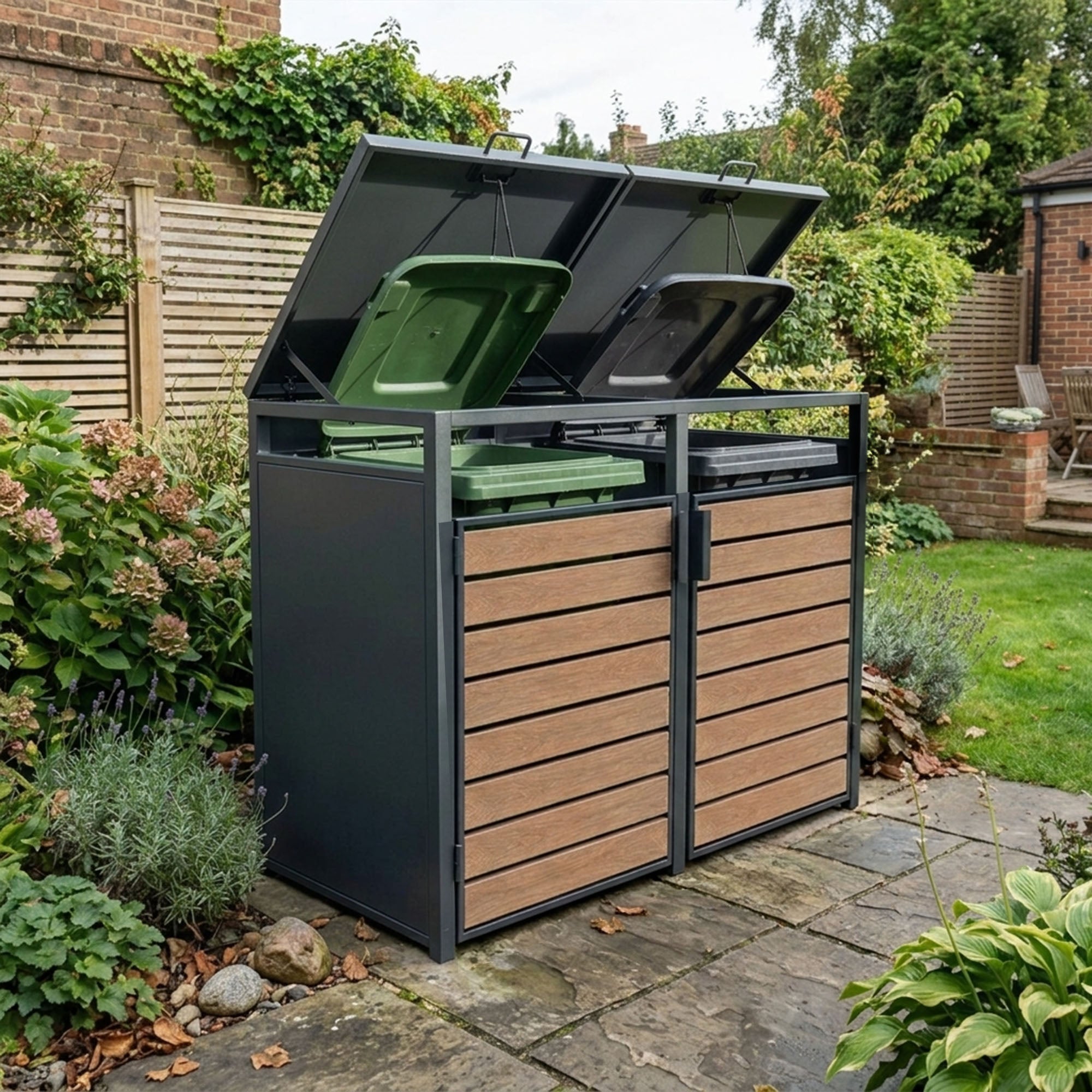 Outdoor Metal Garbage Bin Shed with Wood Effect Doors