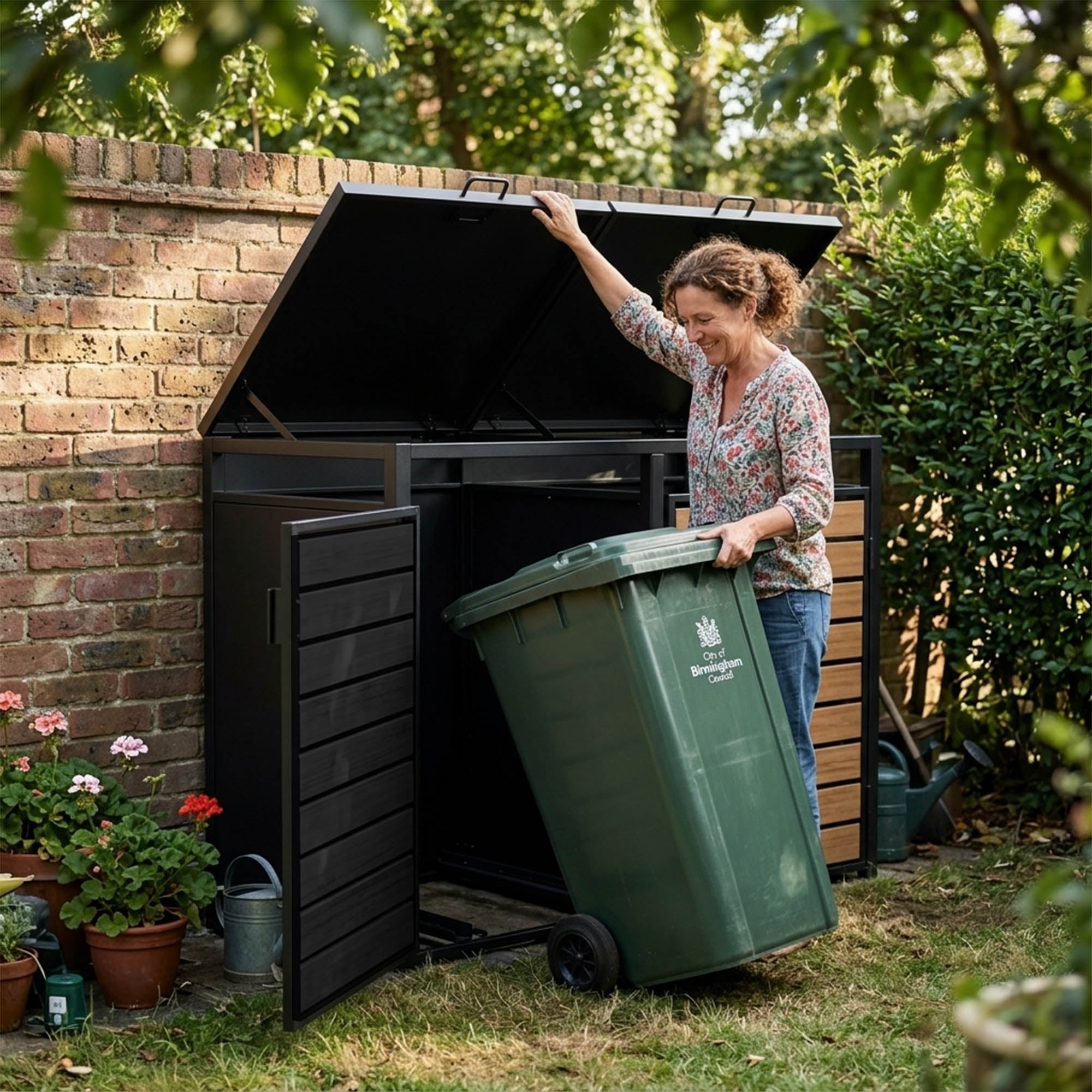 Outdoor Metal Garbage Bin Shed with Wood Effect Doors