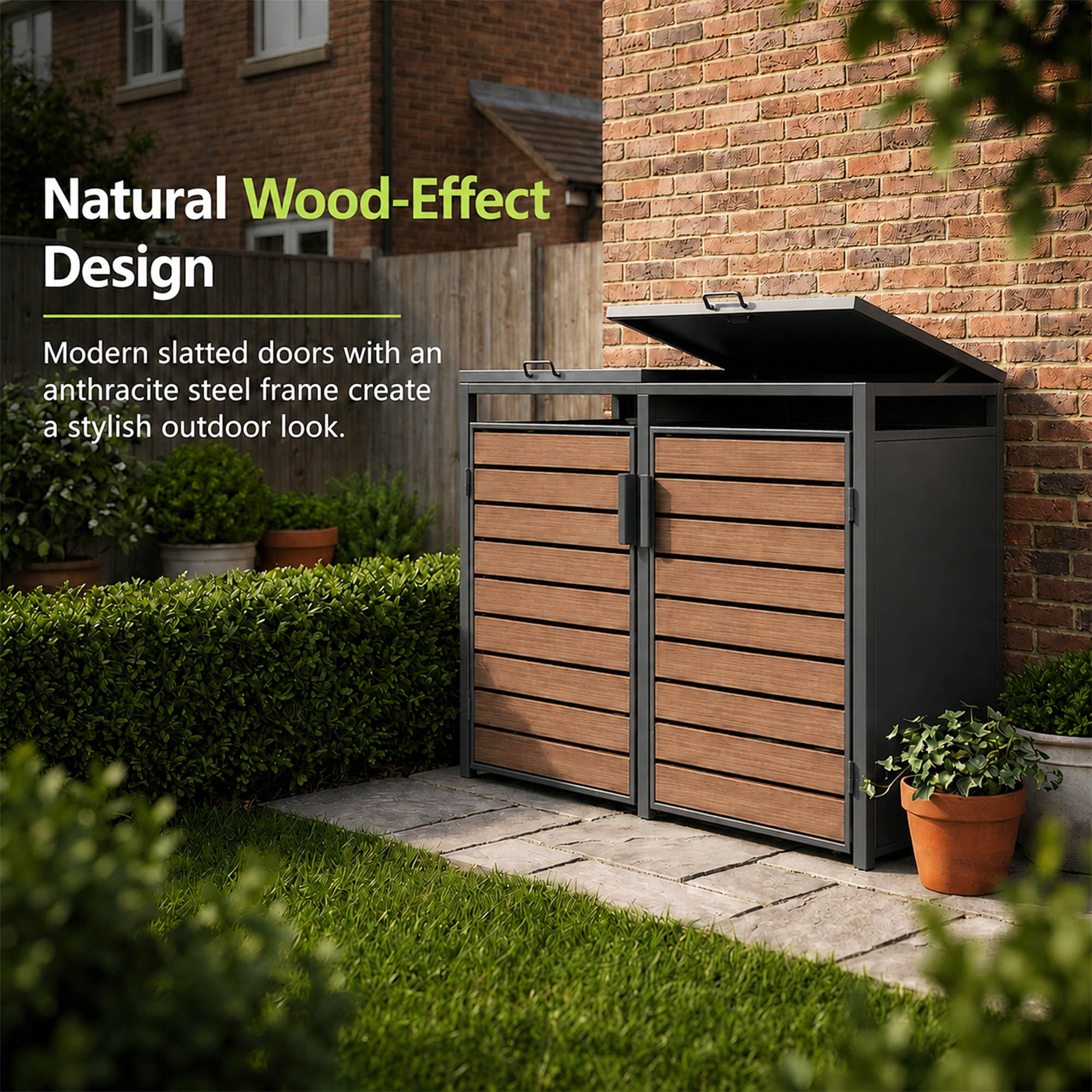 Outdoor Metal Garbage Bin Shed with Wood Effect Doors