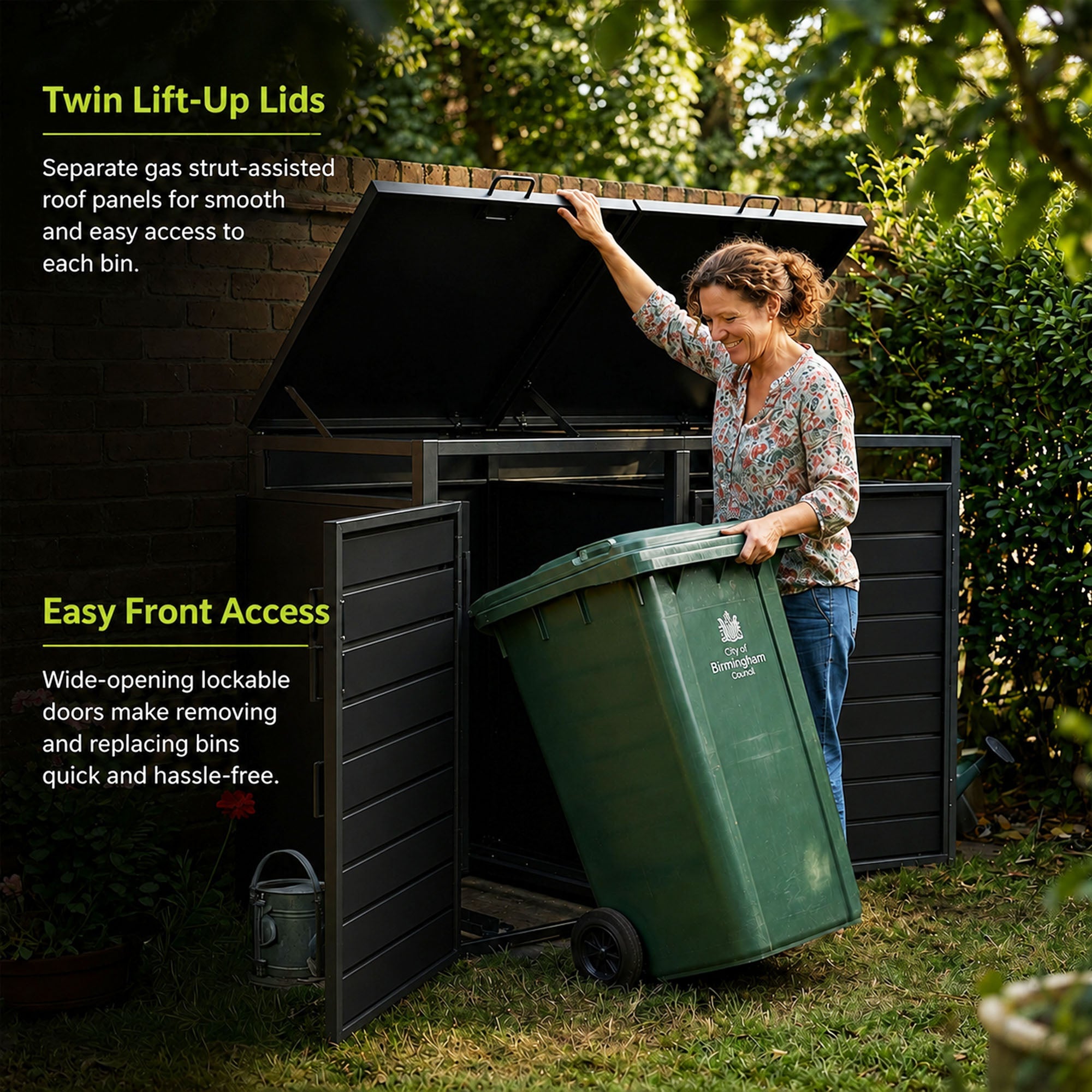 Outdoor Metal Garbage Bin Shed with Wood Effect Doors