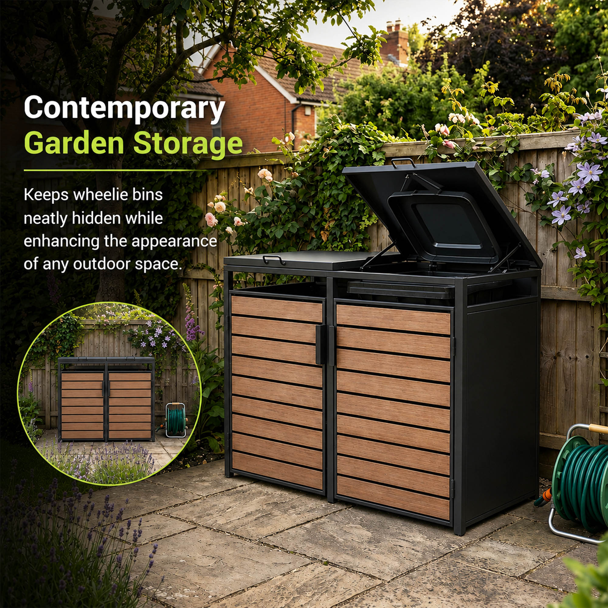 Outdoor Metal Garbage Bin Shed with Wood Effect Doors