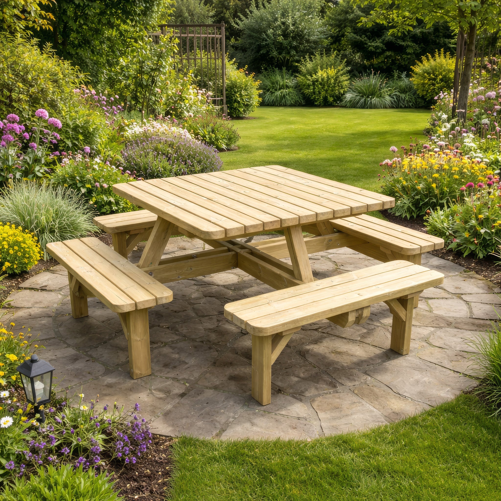 Braunston 8-Seater Square Picnic Table - Light Green - 6.5ft Width x 6.5ft Length