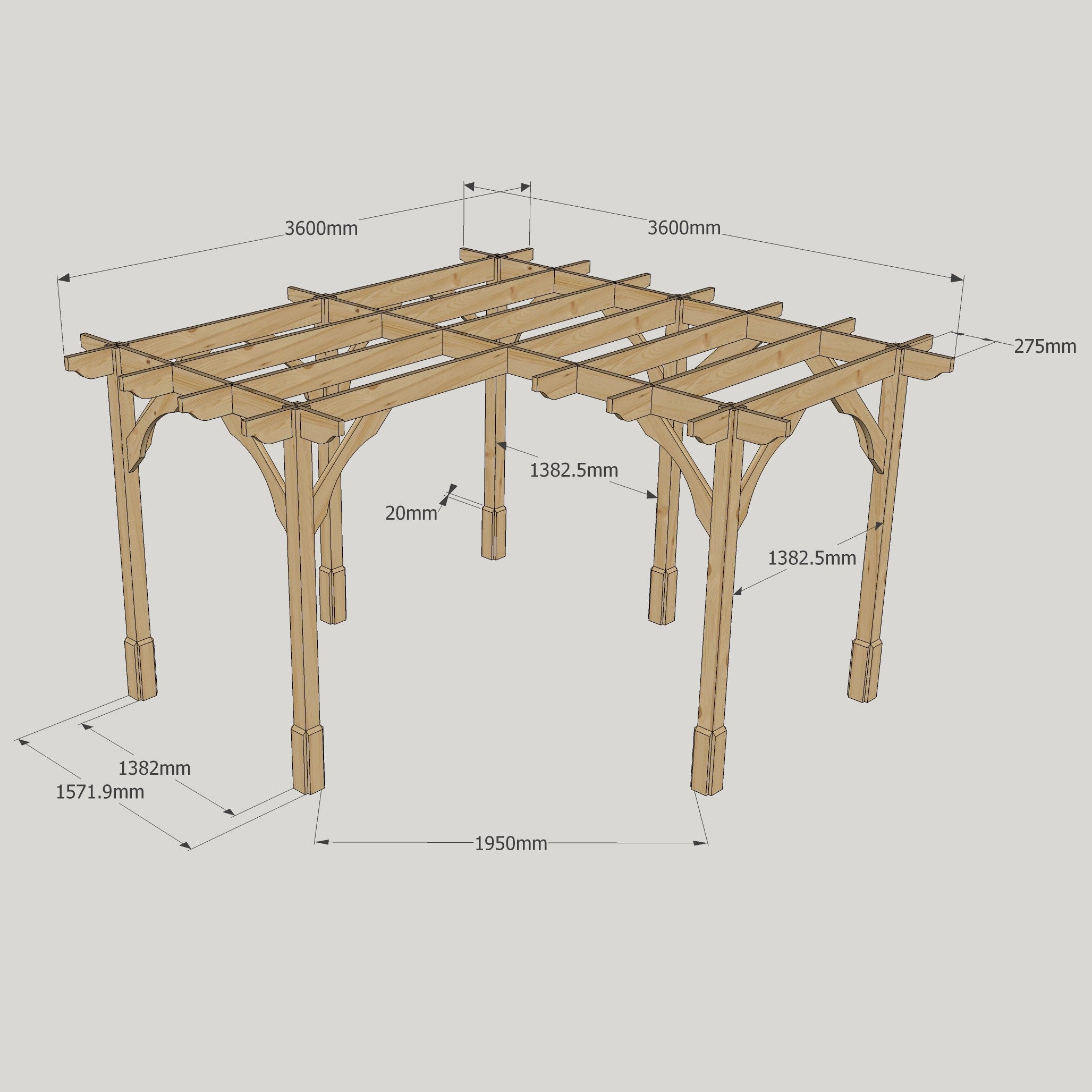 Freestanding Corner Premium Pergola - Rustic Brown - 3.6m Width x 3.6m Length