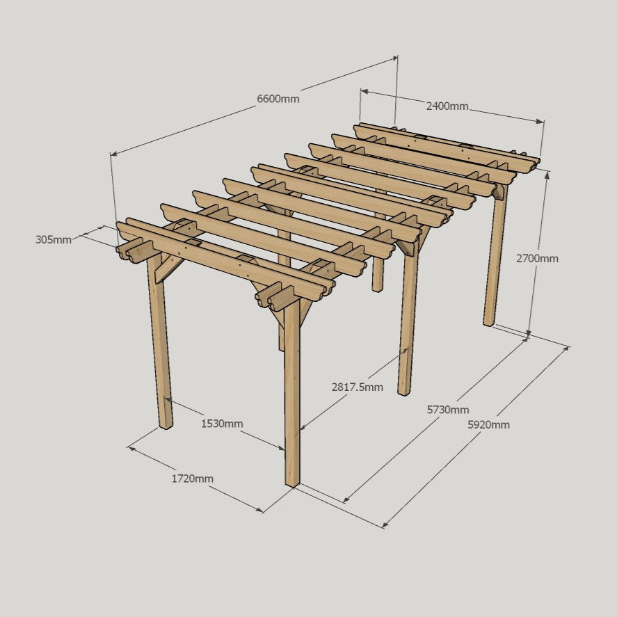 Freestanding Double Garden Pergola - Rustic Brown - 2.4m Width x 6.6m Length