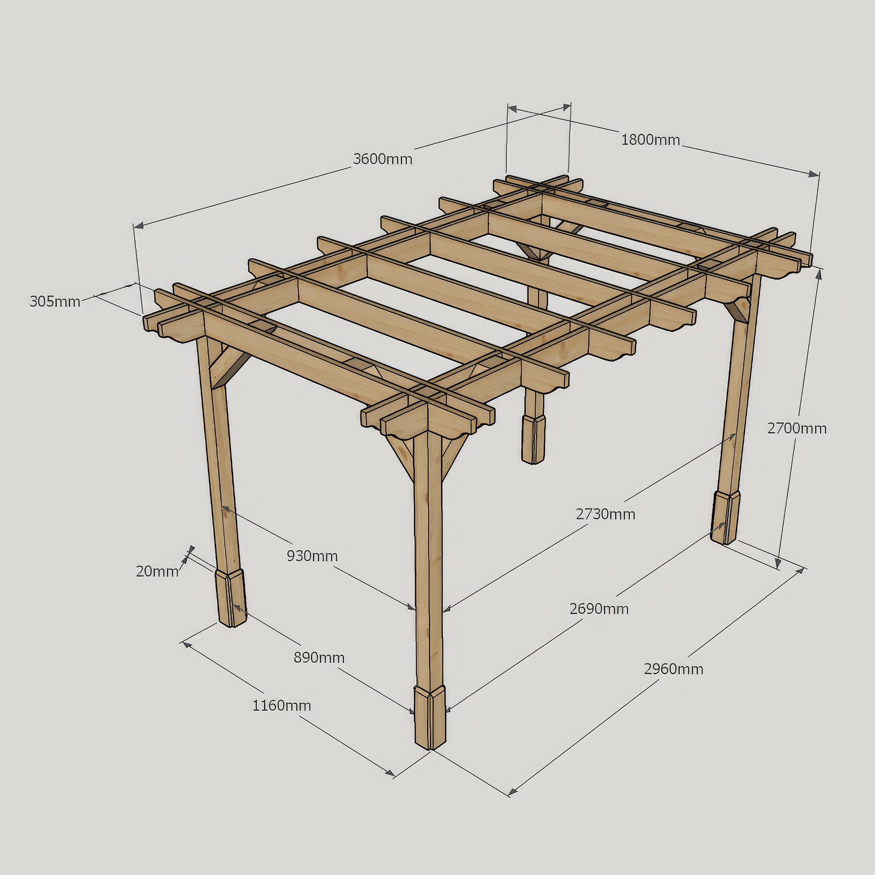 Freestanding Double Premium Pergola - Rustic Brown - 1.8m Width x 3.6m Length