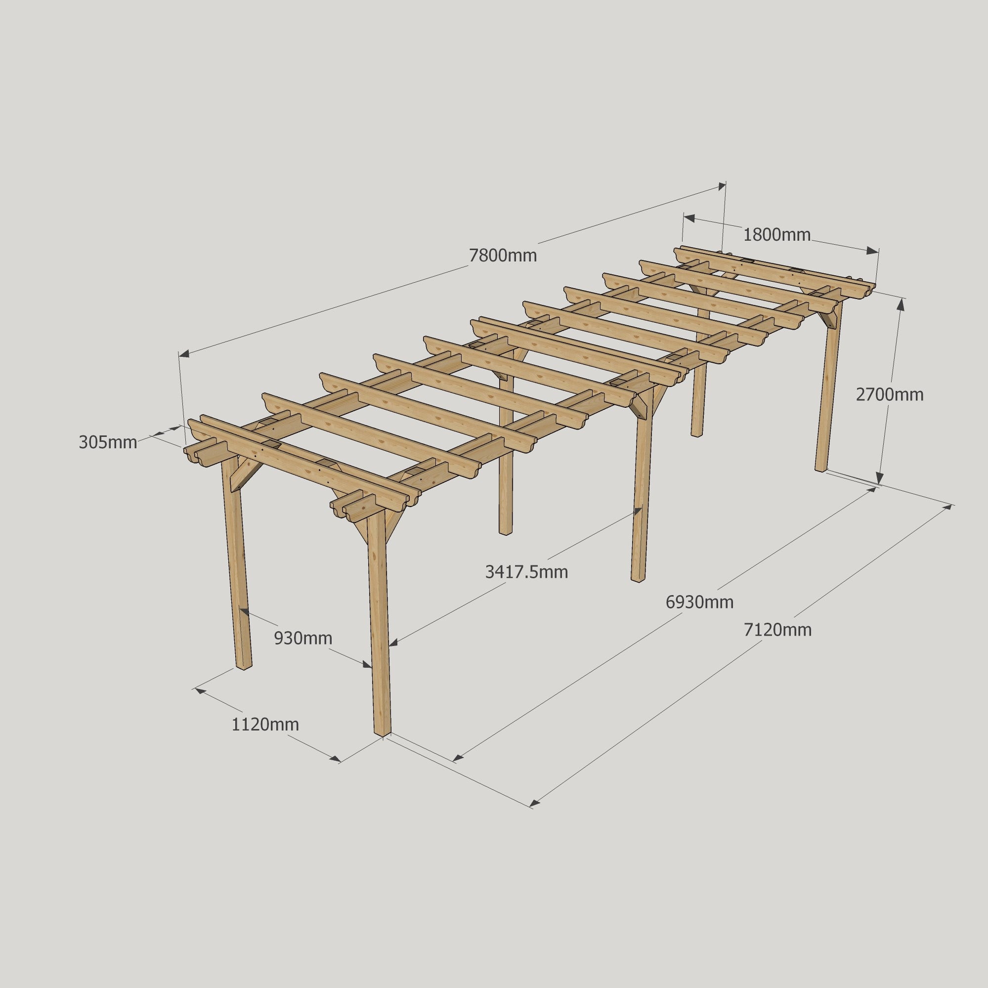 Freestanding Double Garden Pergola - Rustic Brown - 1.8m Width x 7.8m Length