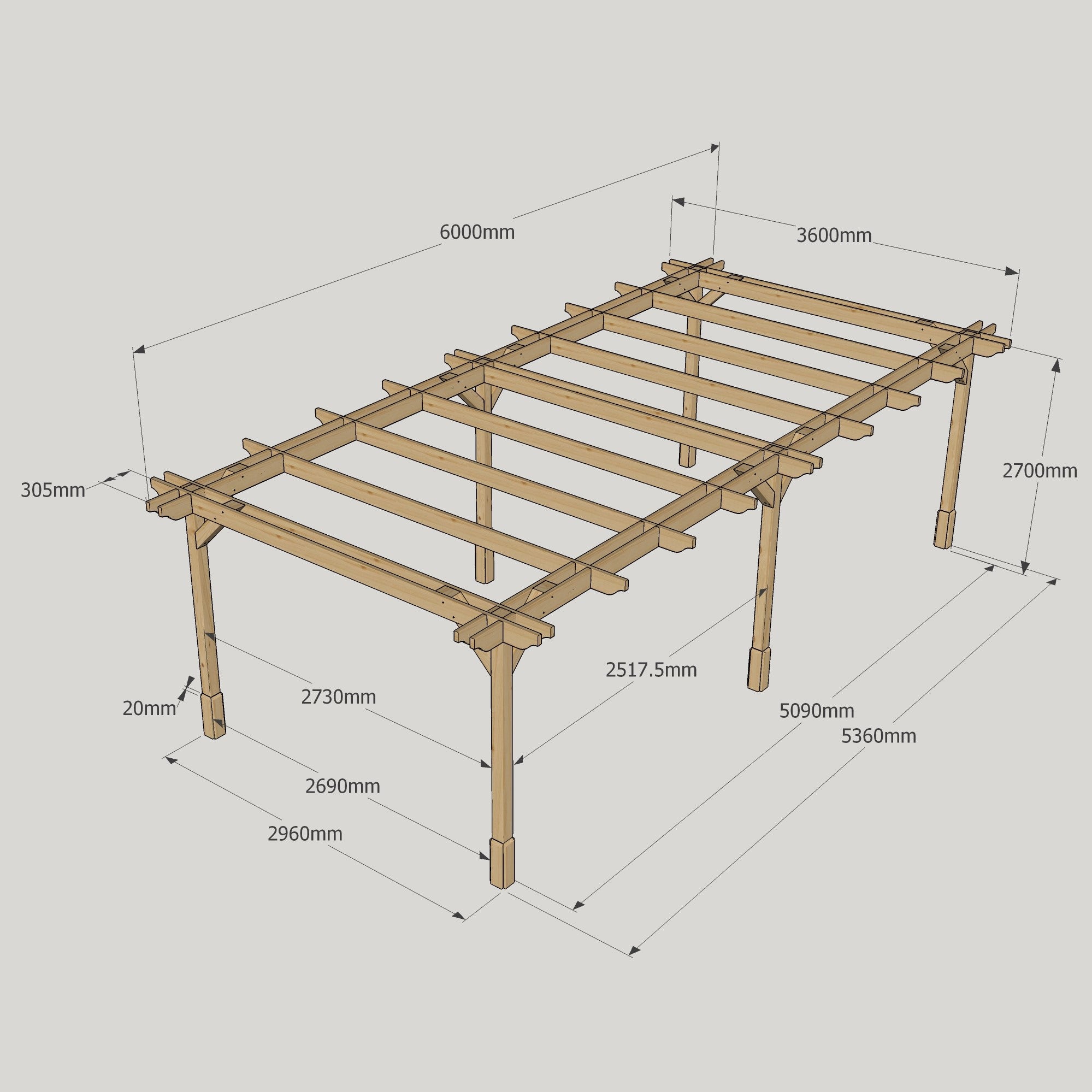 Freestanding Double Premium Pergola - Rustic Brown - 3.6m Width x 6m Length