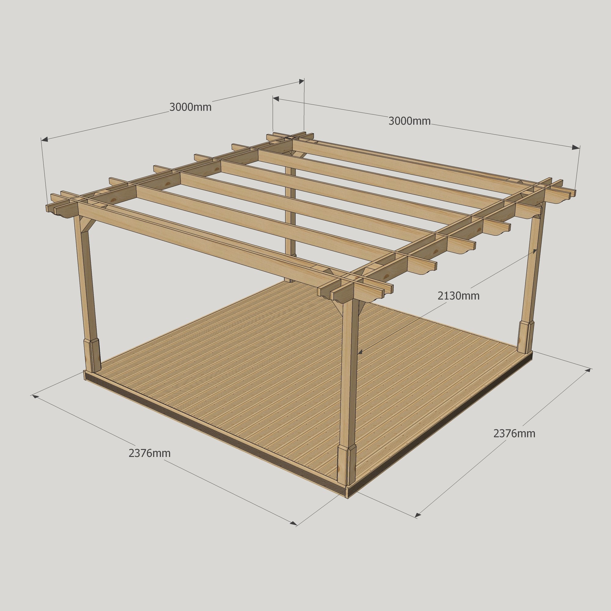Freestanding Double Premium Pergola with Decking - Rustic Brown - 3m Width x 3m Length