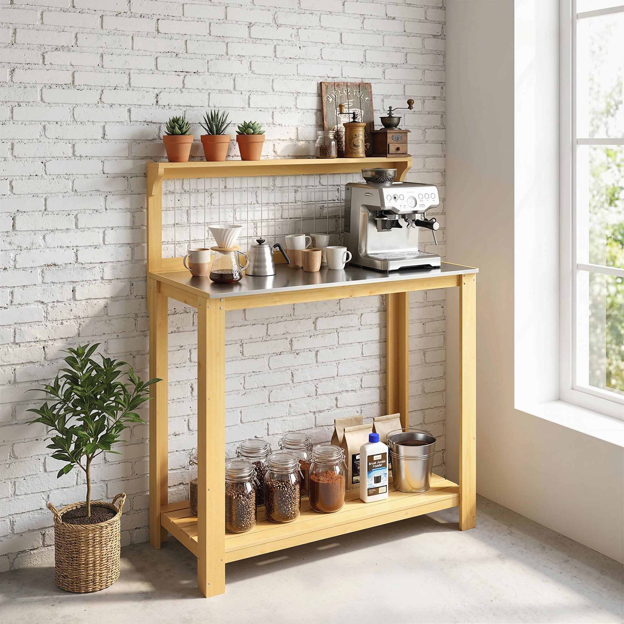 Outsunny Outdoor Wooden Workbench Potting Bench - Aluminium Worktop