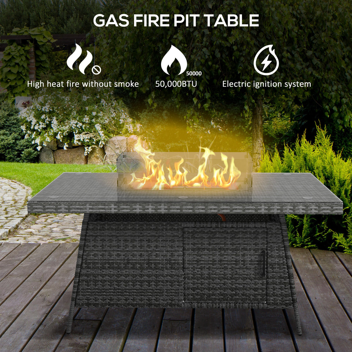 7 Pieces Outdoor Rattan Furniture with Fire Pit Table, 6 Seater Garden Table and Chairs with Cushions, with Propane Heater Table, Windscreen, 50,000 BTU, Grey