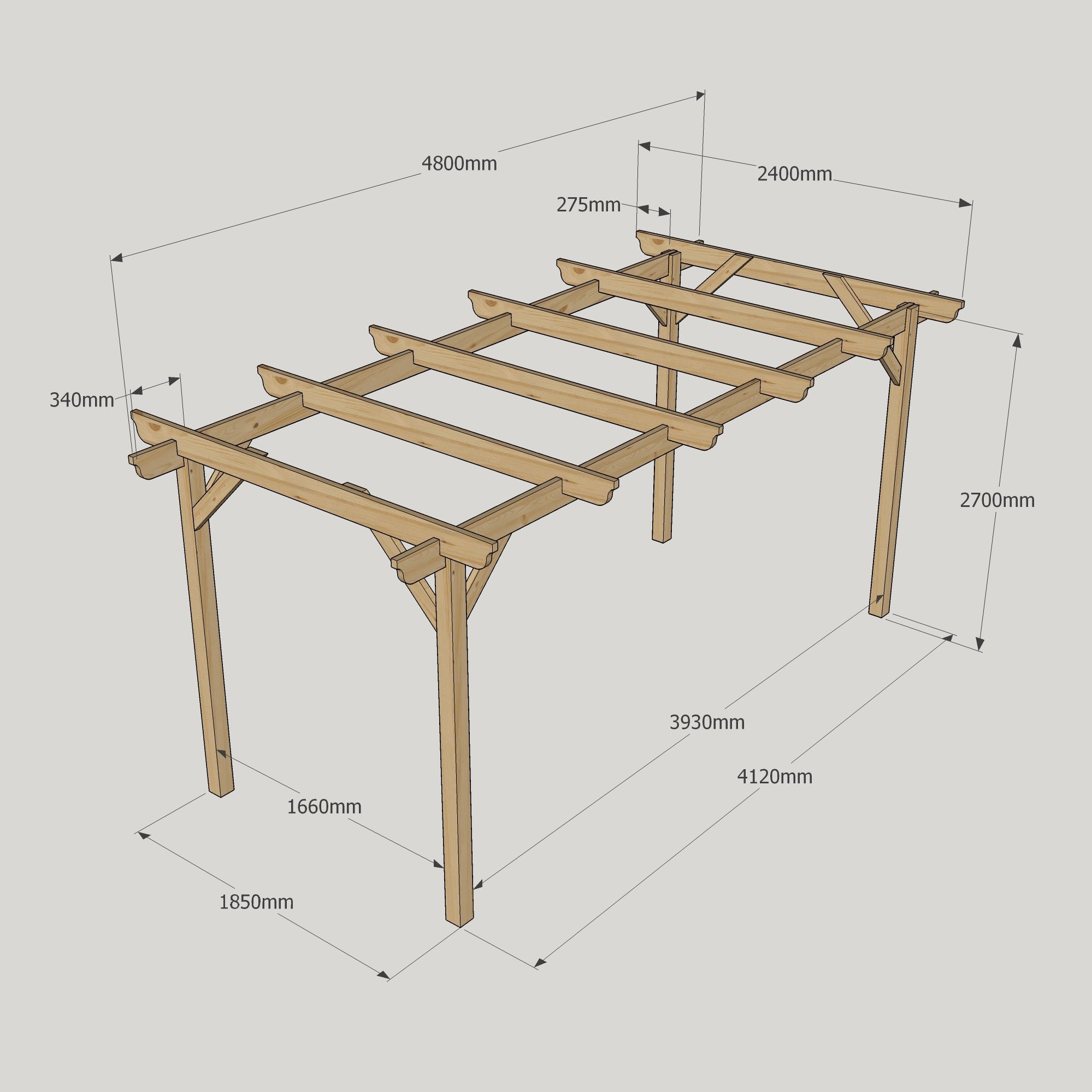 Freestanding Garden Pergola - Rustic Brown - 2.4m Width x 4.8m Length