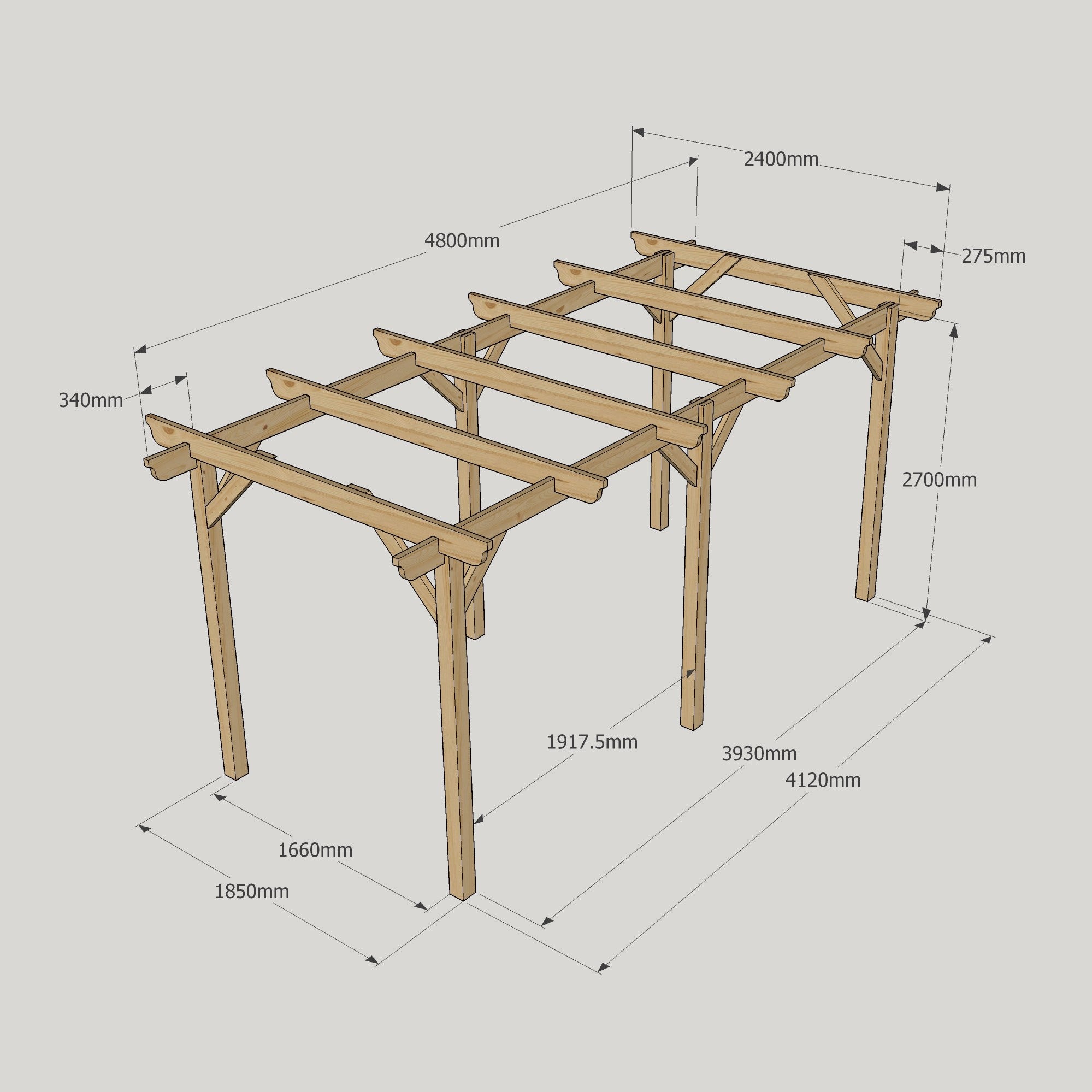 Freestanding Garden Pergola - Rustic Brown - 2.4m Width x 4.8m Length