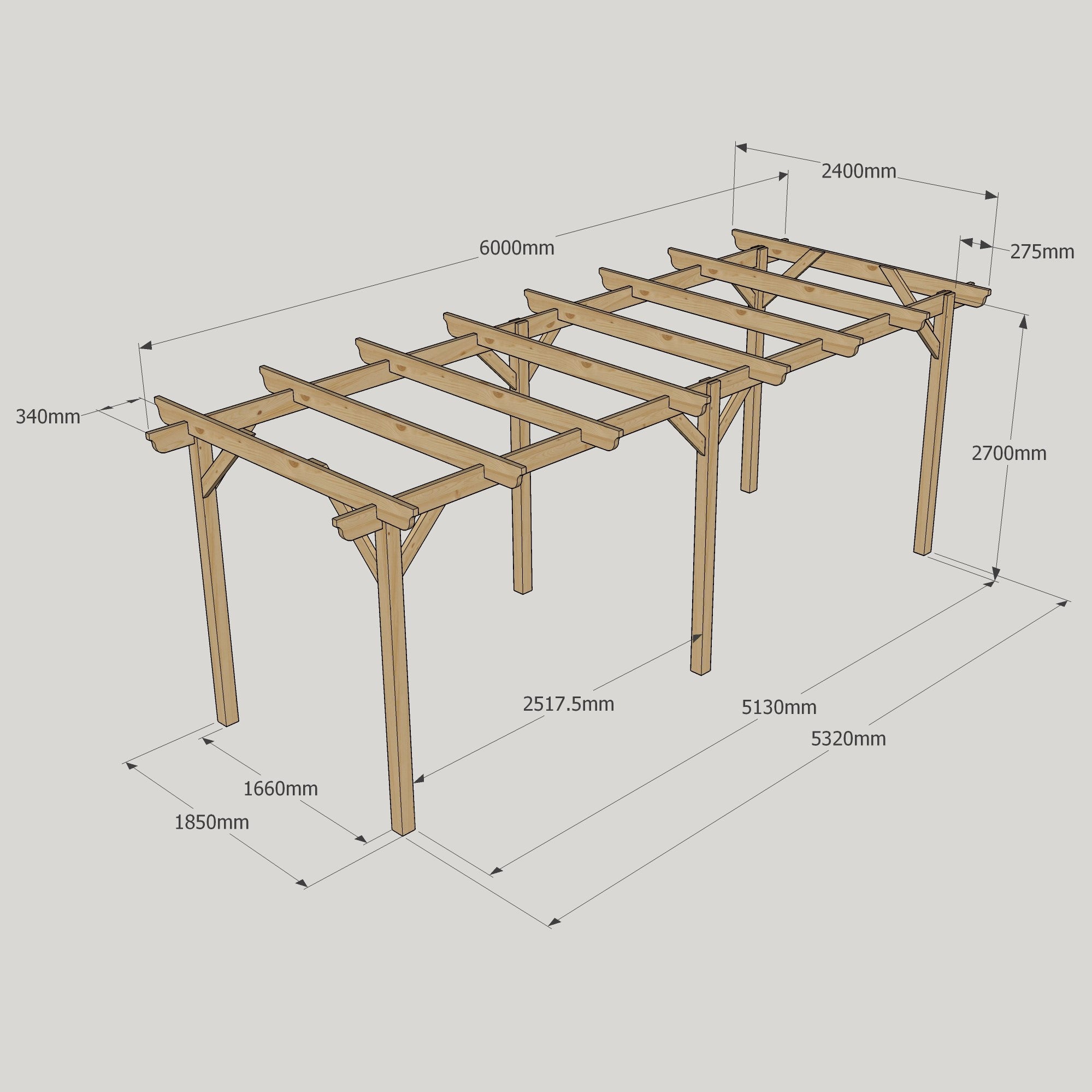 Freestanding Garden Pergola - Rustic Brown - 2.4m Width x 6m Length