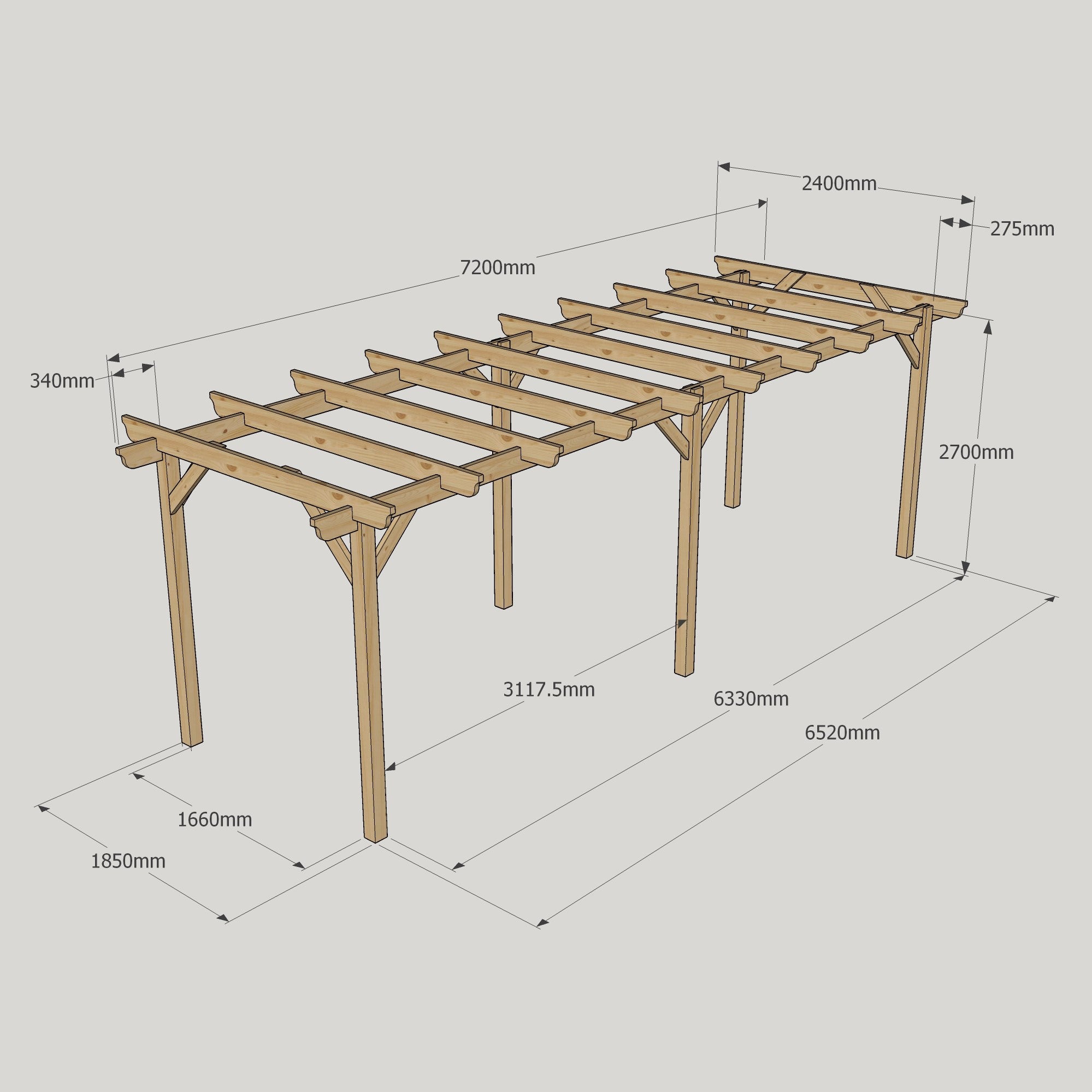 Freestanding Garden Pergola - Rustic Brown - 2.4m Width x 7.2m Length