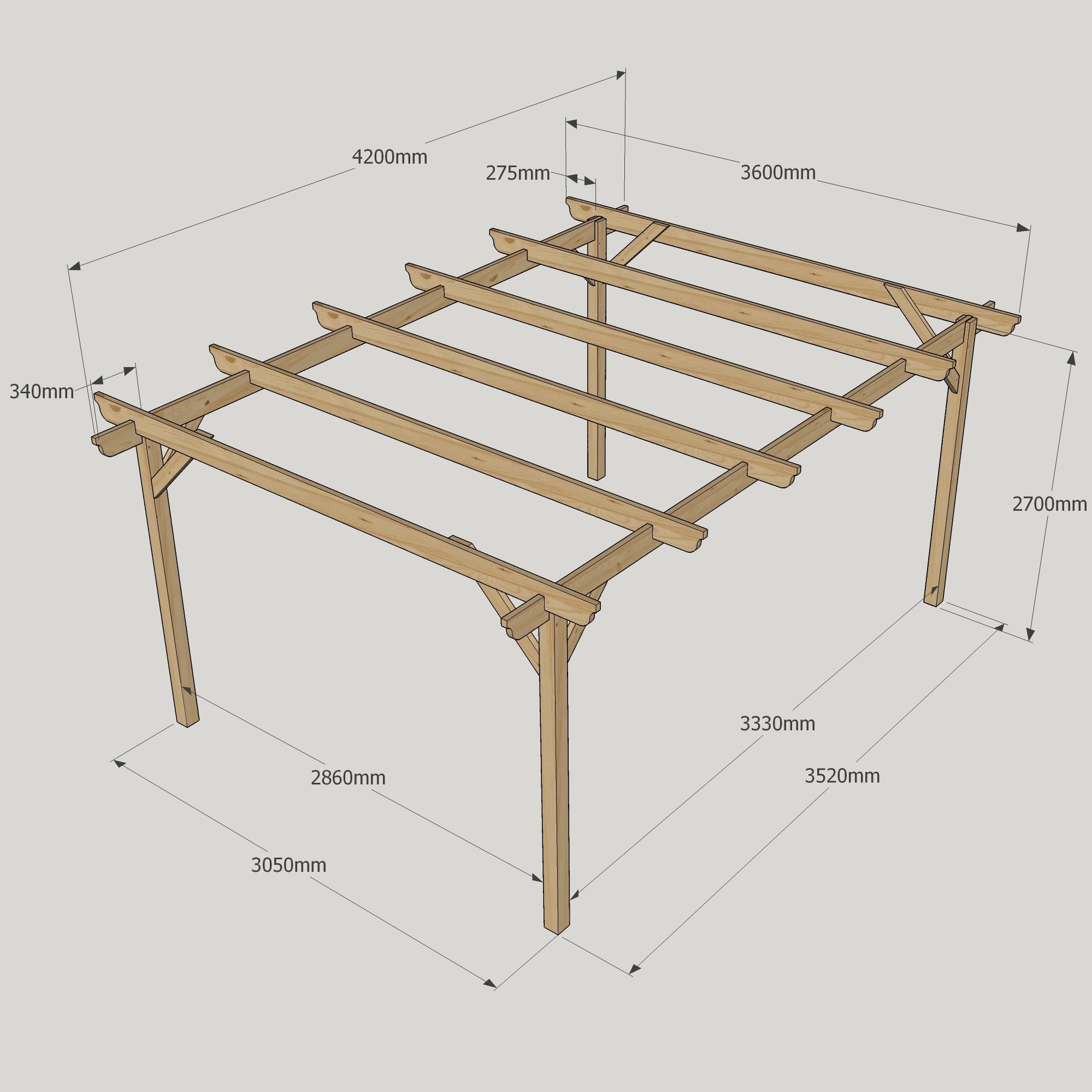 Freestanding Garden Pergola - Rustic Brown - 3.6m Width x 4.2m Length