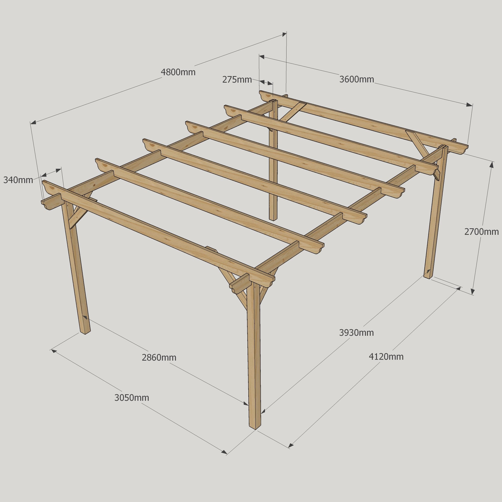 Freestanding Garden Pergola - Rustic Brown - 3.6m Width x 4.8m Length