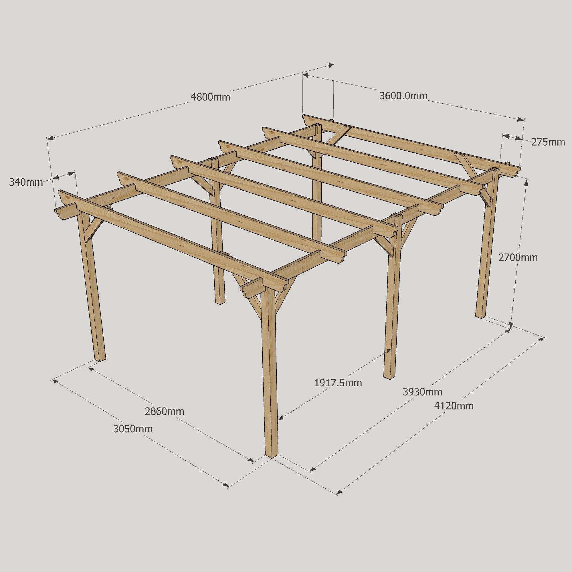 Freestanding Garden Pergola - Rustic Brown - 3.6m Width x 4.8m Length