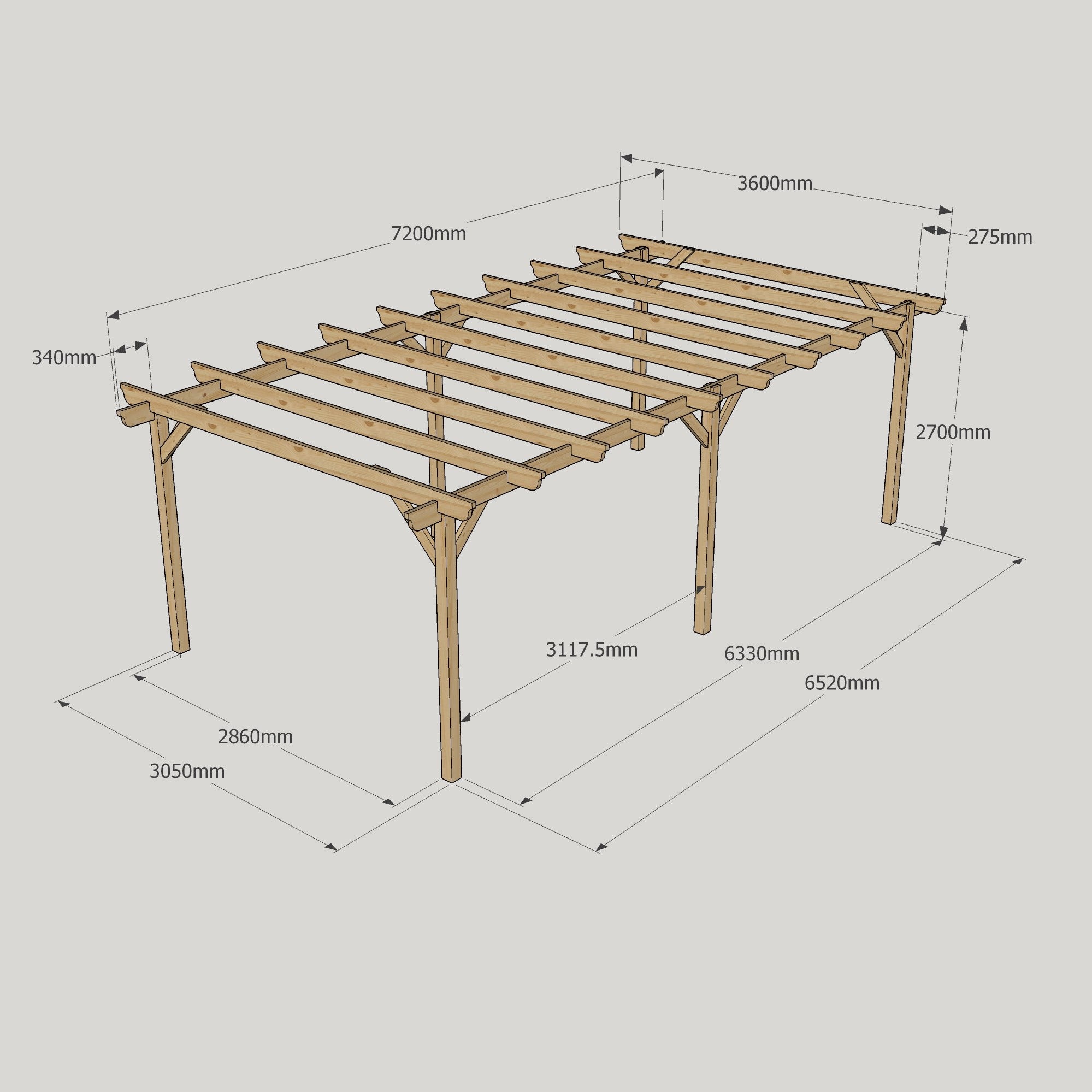 Freestanding Garden Pergola - Rustic Brown - 3.6m Width x 7.2m Length