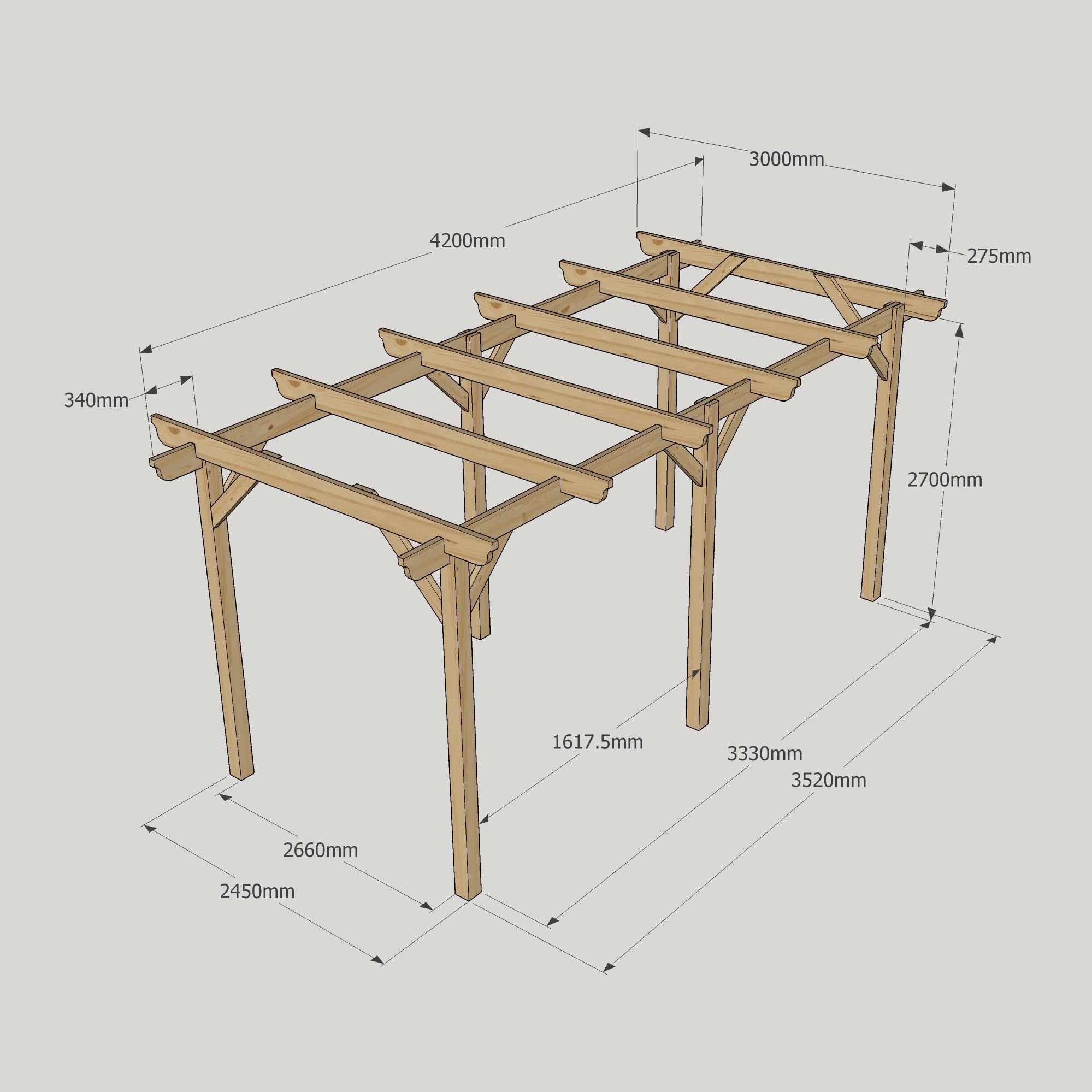 Freestanding Garden Pergola - Rustic Brown - 3m Width x 4.2m Length