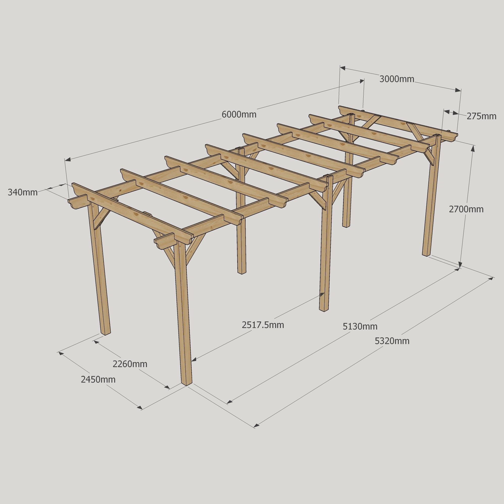Freestanding Garden Pergola - Rustic Brown - 3m Width x 6m Length