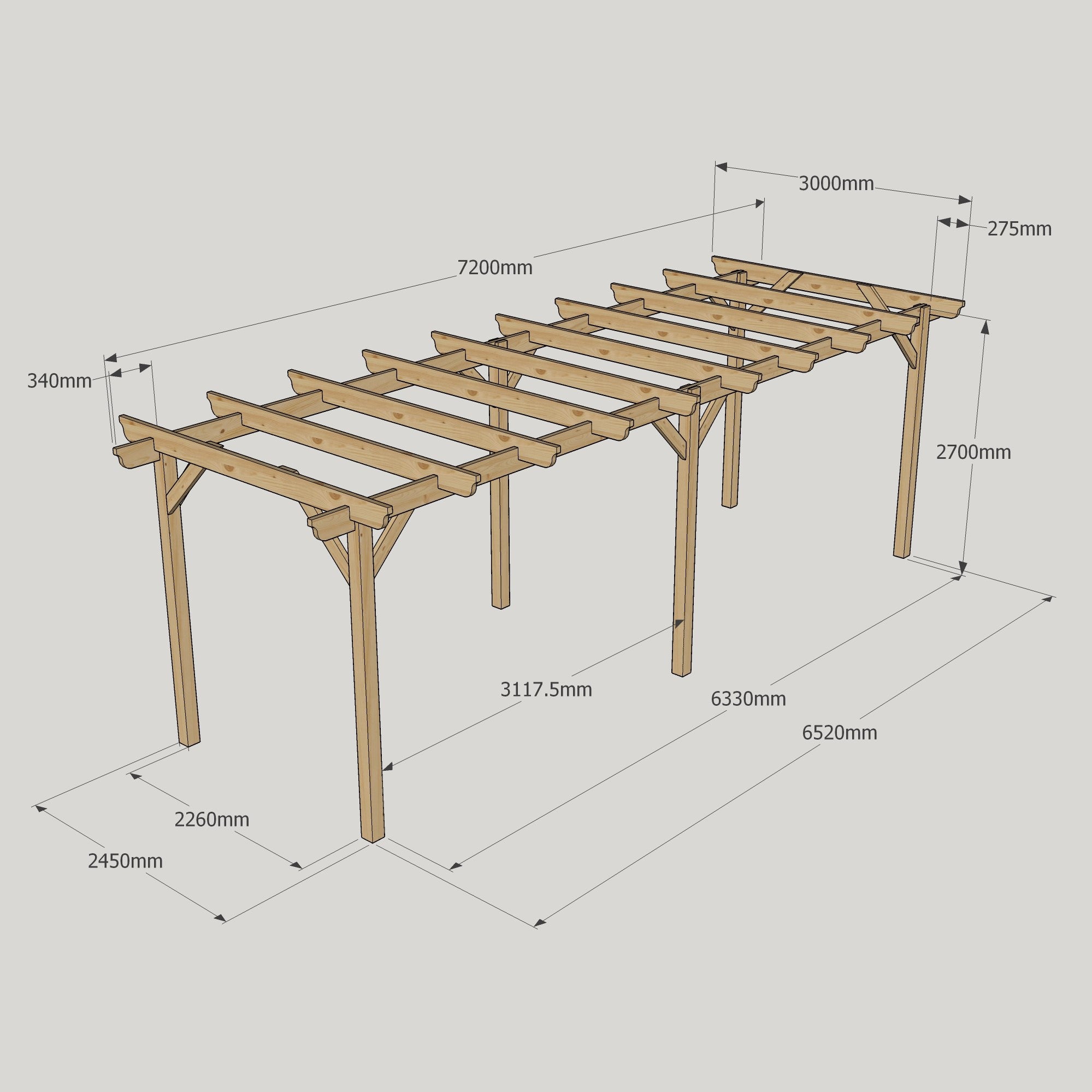 Freestanding Garden Pergola - Rustic Brown - 3m Width x 7.2m Length