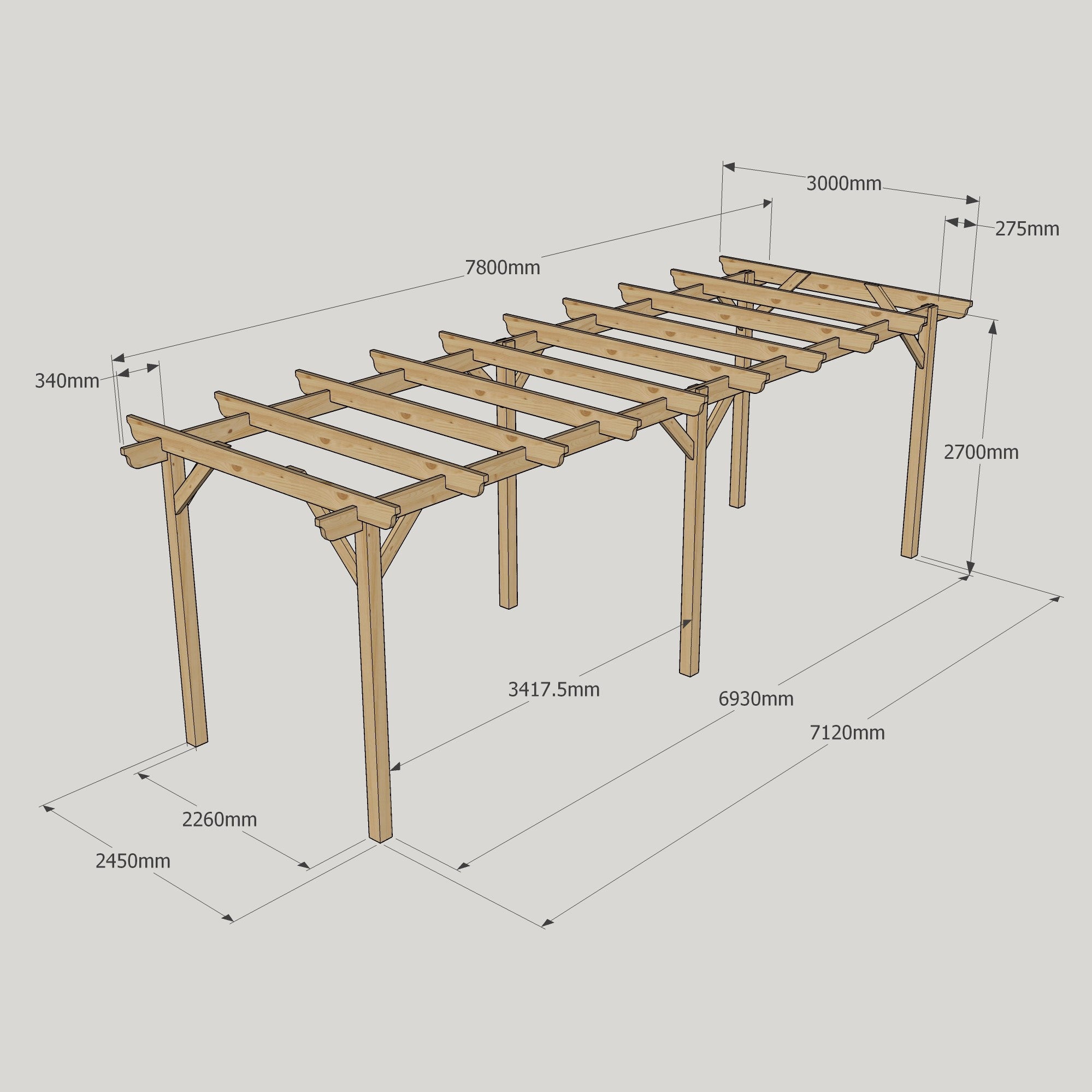 Freestanding Garden Pergola - Rustic Brown - 3m Width x 7.8m Length