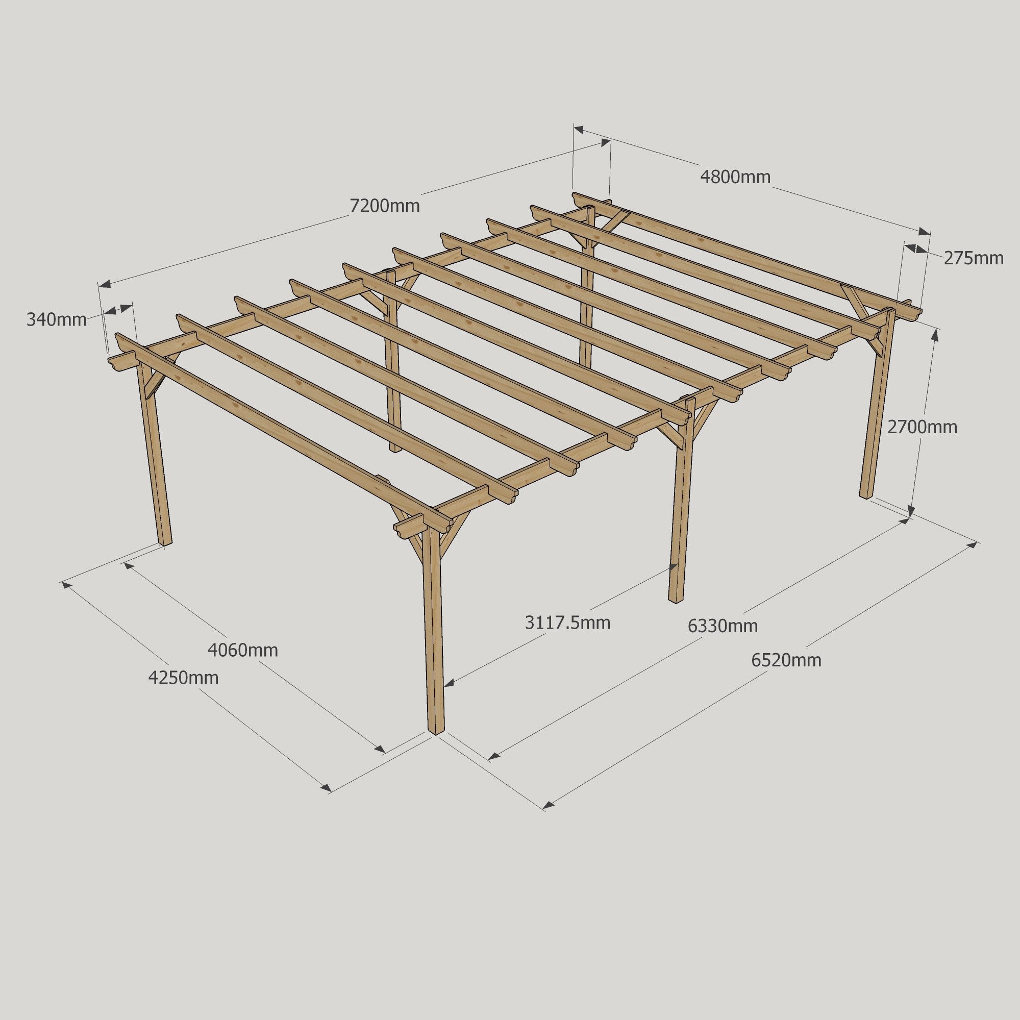 Freestanding Garden Pergola - Rustic Brown - 4.8m Width x 7.2m Length
