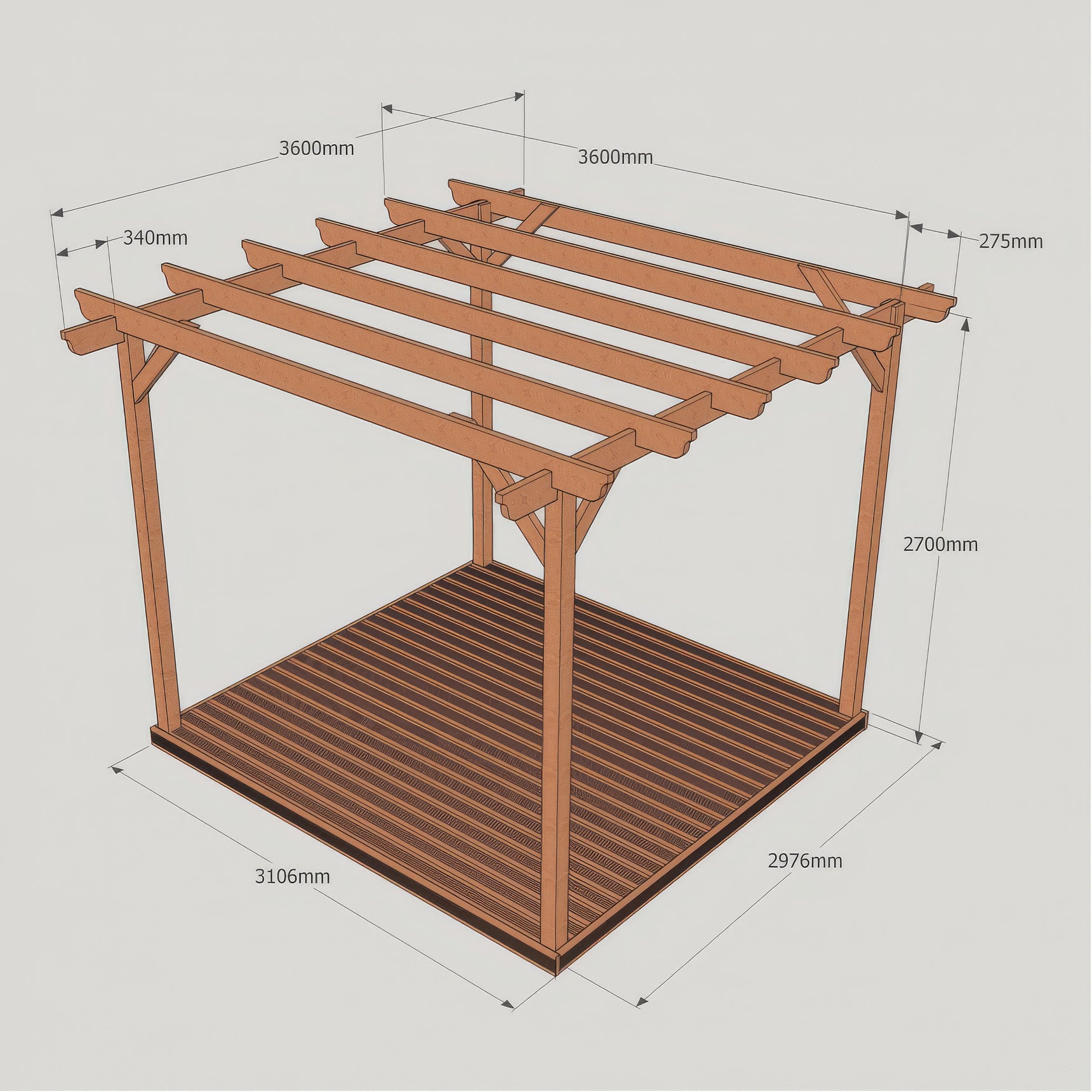 Freestanding Garden Pergola with Decking - Light Green - 3.6m Width x 3.6m Length