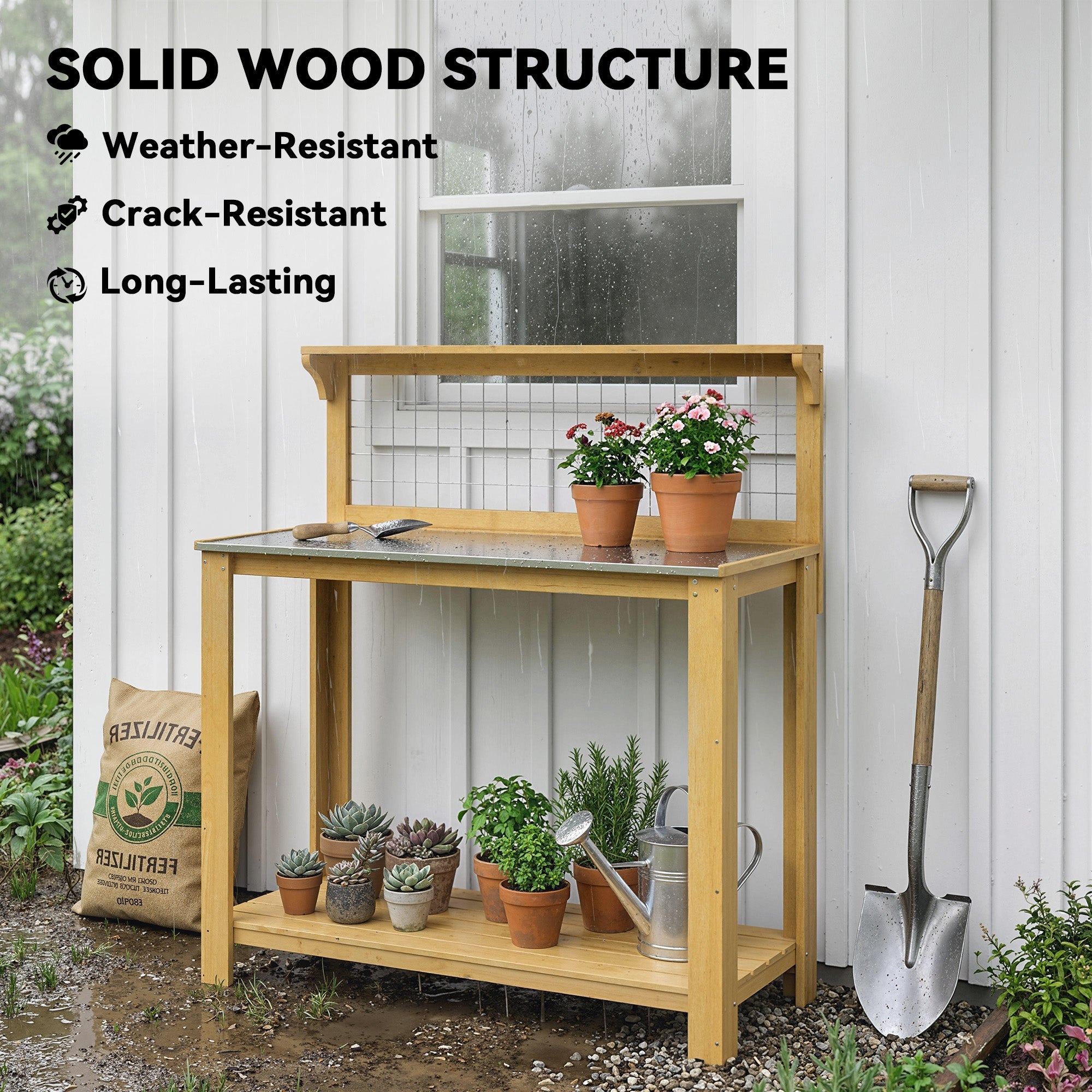 Outsunny Outdoor Wooden Workbench Potting Bench - Aluminium Worktop