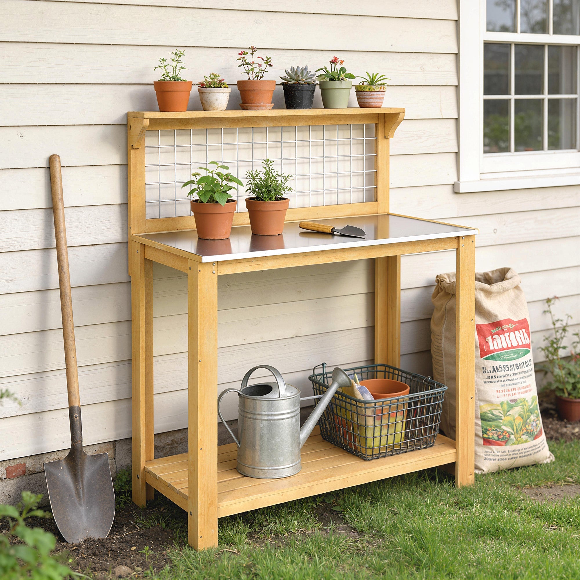 Outsunny Outdoor Wooden Workbench Potting Bench - Aluminium Worktop