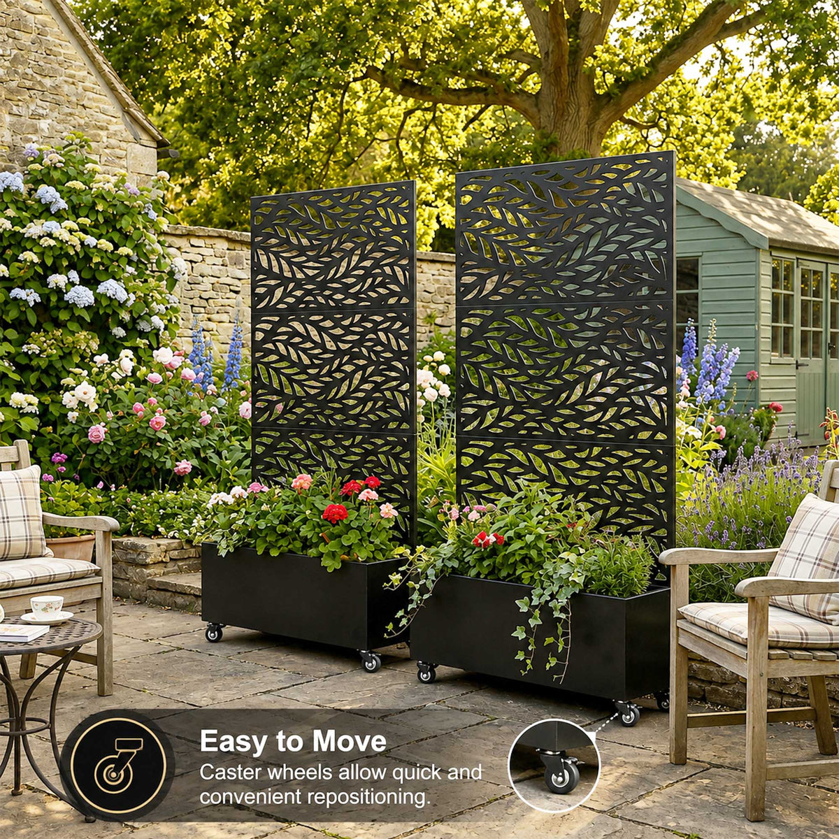 Metal Outdoor Privacy Screen with Plant Pot - Leaf