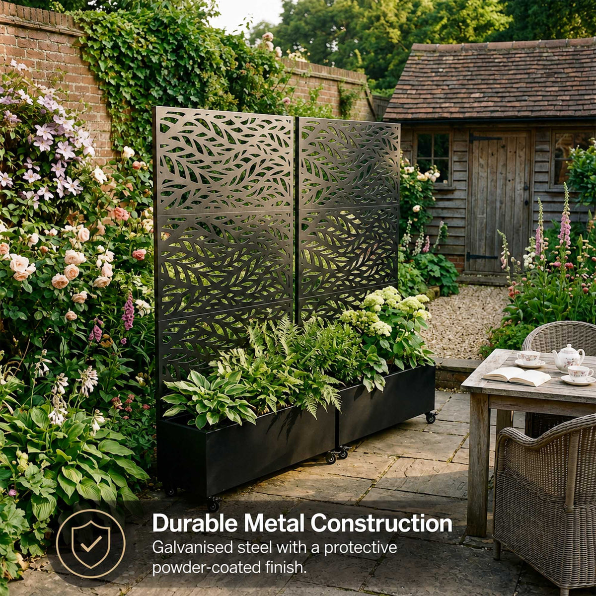 Metal Outdoor Privacy Screen with Plant Pot - Leaf