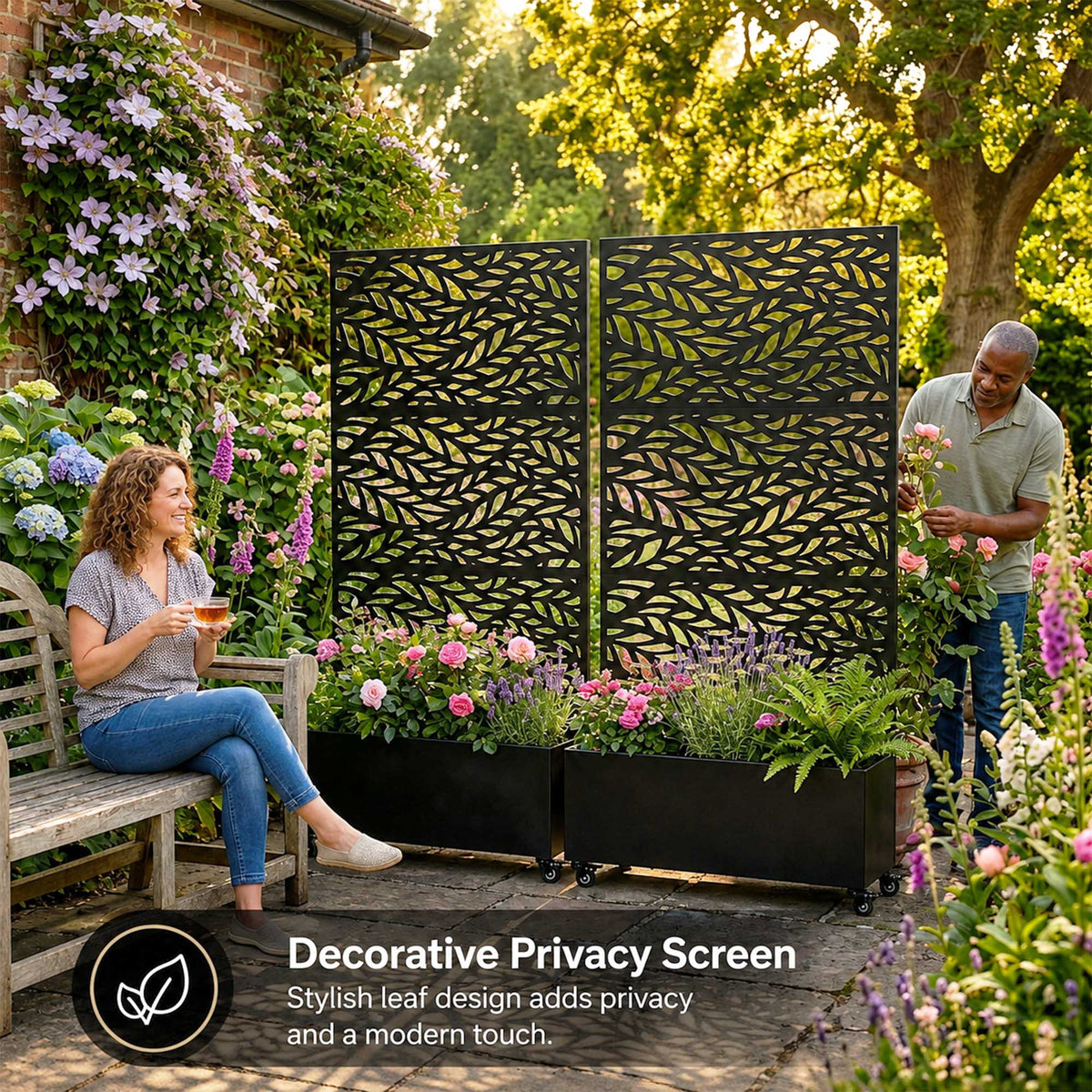 Metal Outdoor Privacy Screen with Plant Pot - Leaf