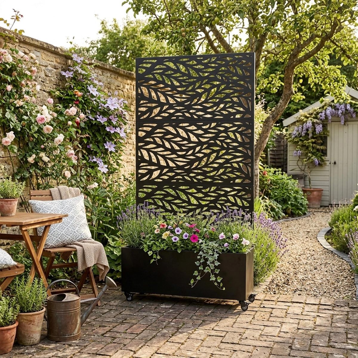 Metal Outdoor Privacy Screen with Plant Pot - Leaf