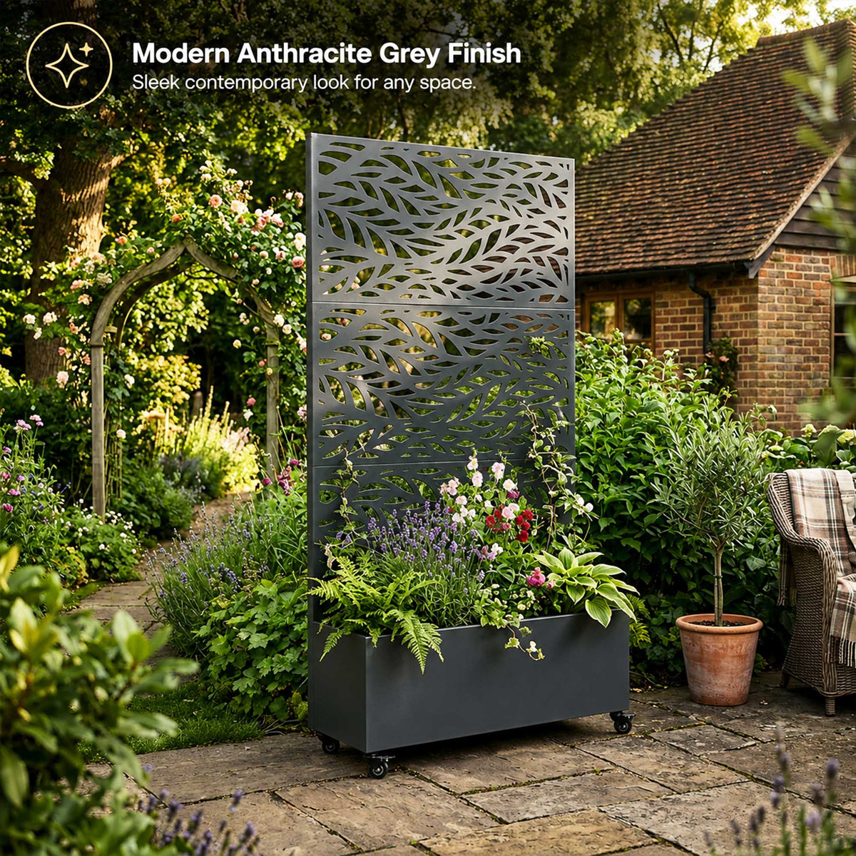 Metal Outdoor Privacy Screen with Plant Pot - Leaf
