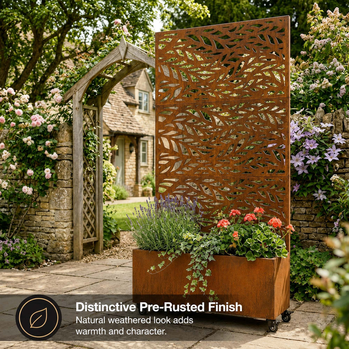 Metal Outdoor Privacy Screen with Plant Pot - Leaf