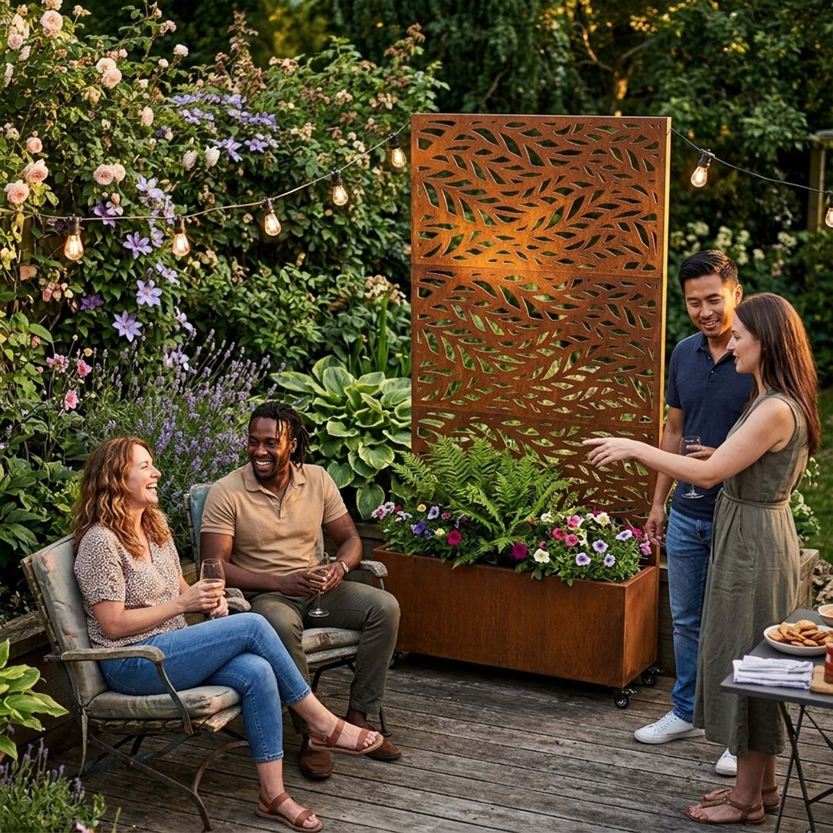Metal Outdoor Privacy Screen with Plant Pot - Leaf