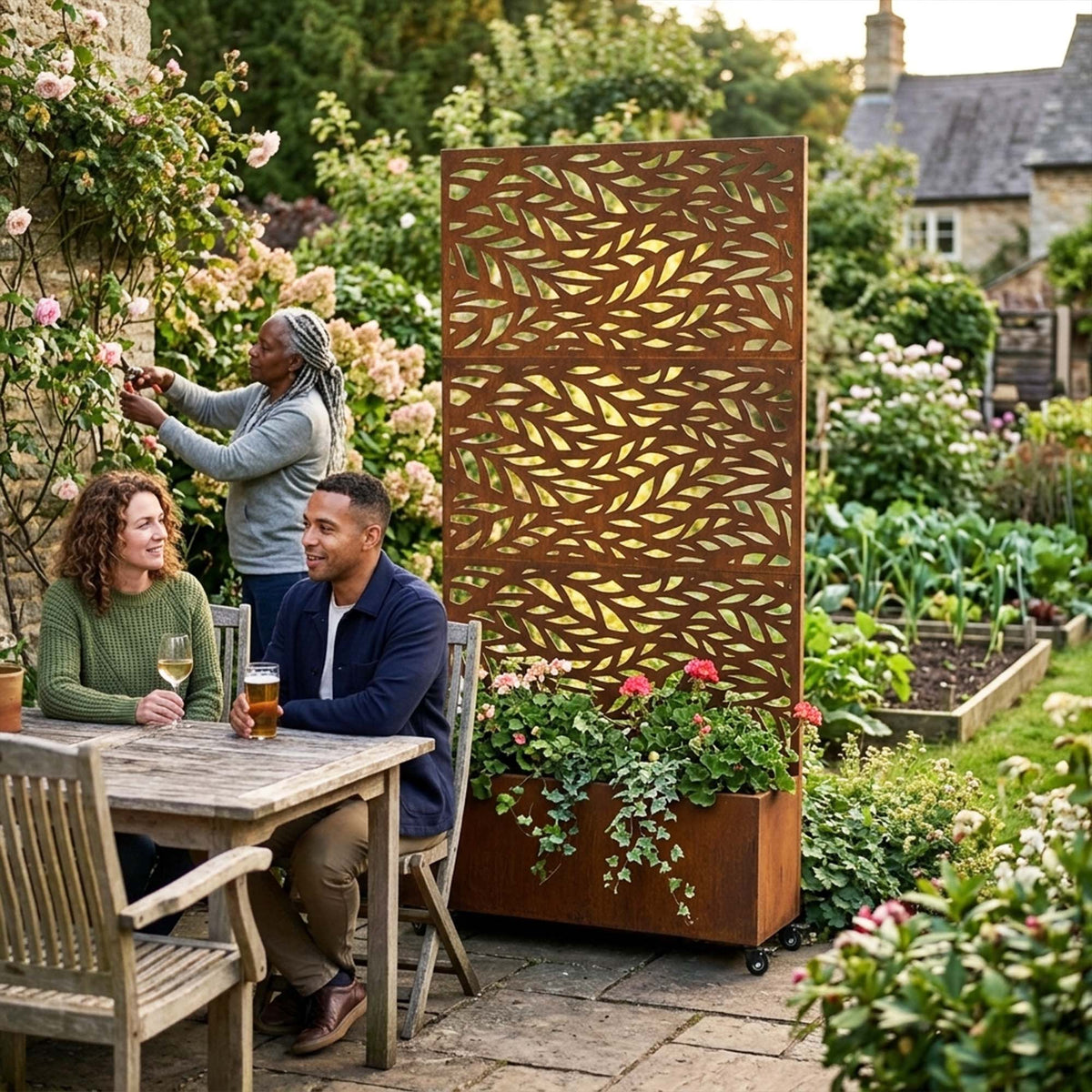 Metal Outdoor Privacy Screen with Plant Pot - Leaf