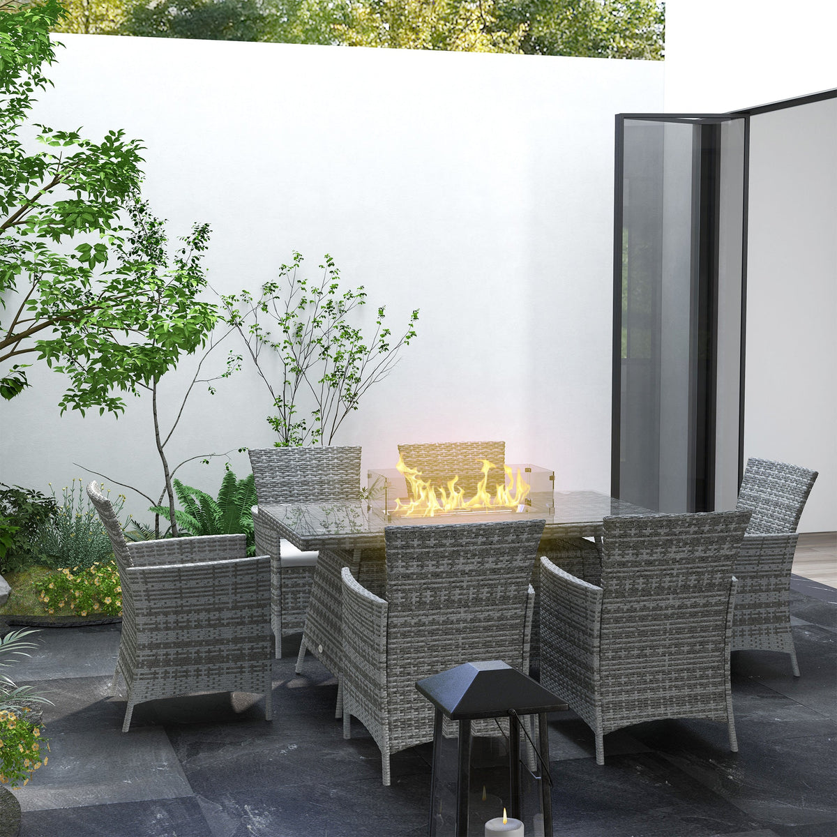 7 Pieces Outdoor Rattan Furniture with Fire Pit Table, 6 Seater Garden Table and Chairs with Cushions, with Propane Heater Table, Windscreen, 50,000 BTU, Grey