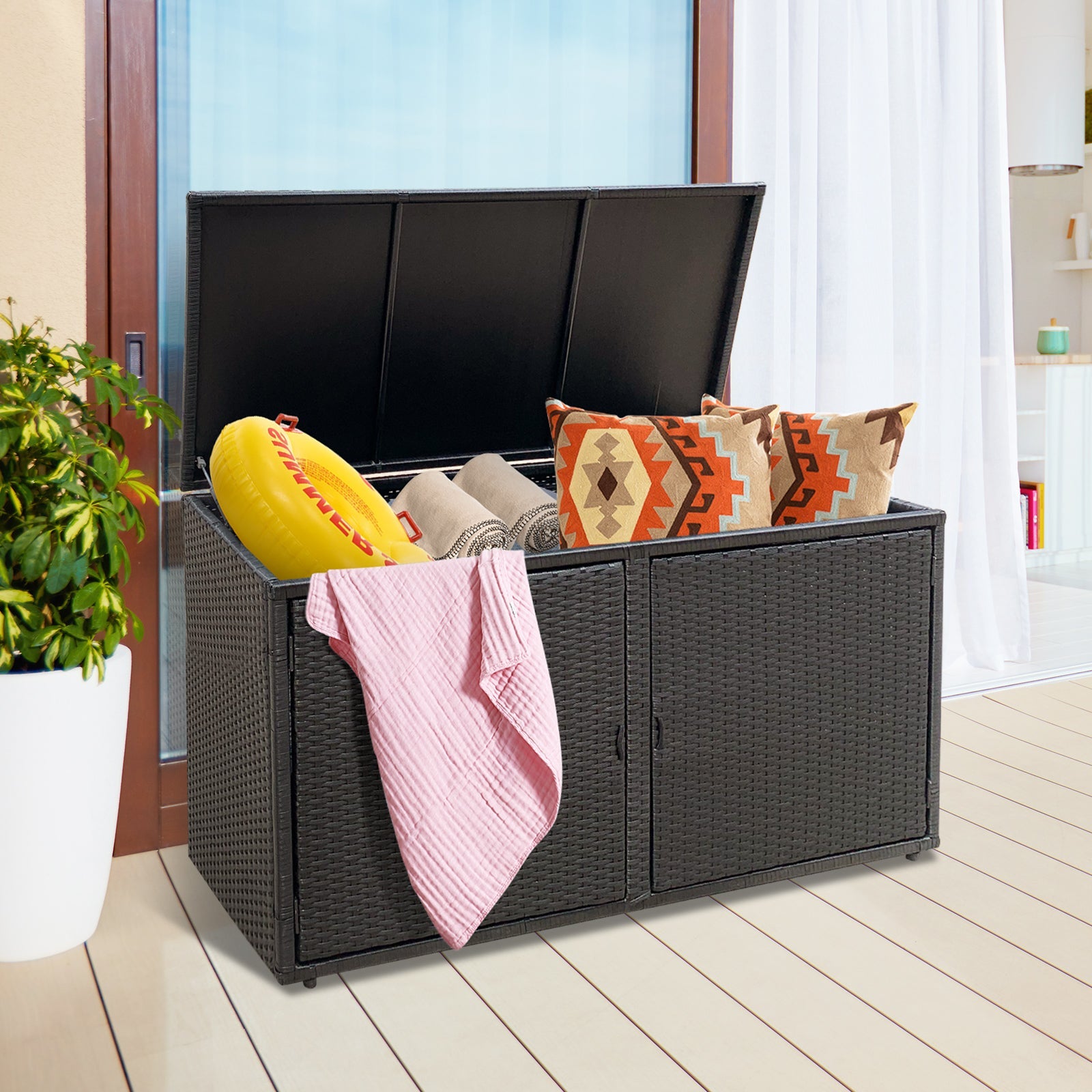 330L 2-Tier Outdoor PE Wicker Storage Box with Lid and Front Doors-Brown